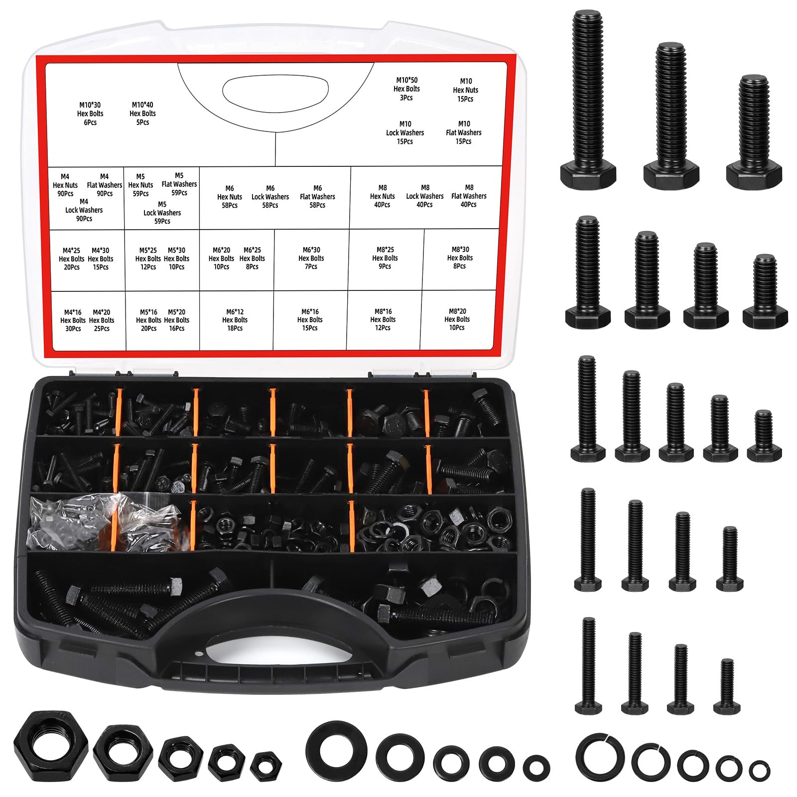 Glarks 1045pcs M4/M5/M6/M8/M10 Grade 8.8 Hex Bolt Screws with Nuts and Washers Set, Includes 259pcs Hex Bolts
