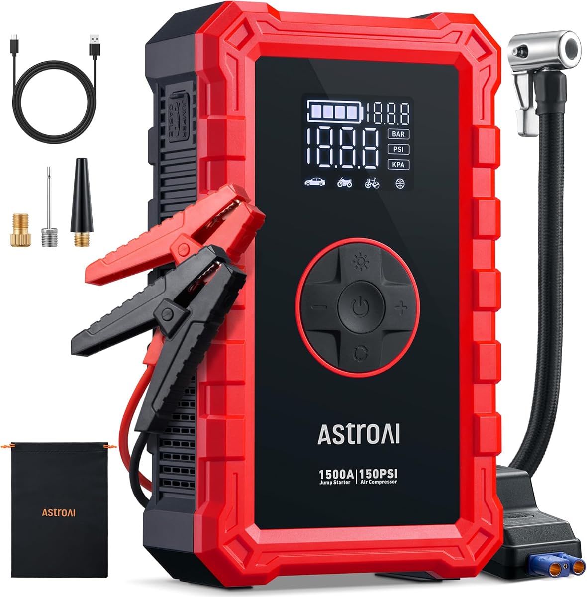 AstroAI S8 Air Jump Starter with Air Compressor, 1500A Peak Car Battery Jump Starter Portable (6.0 Gas/3.0L Diesel) with 150PSI Cordless Auto-Shutoff Tire Inflator, 12V Battery Charger Booster(Red)