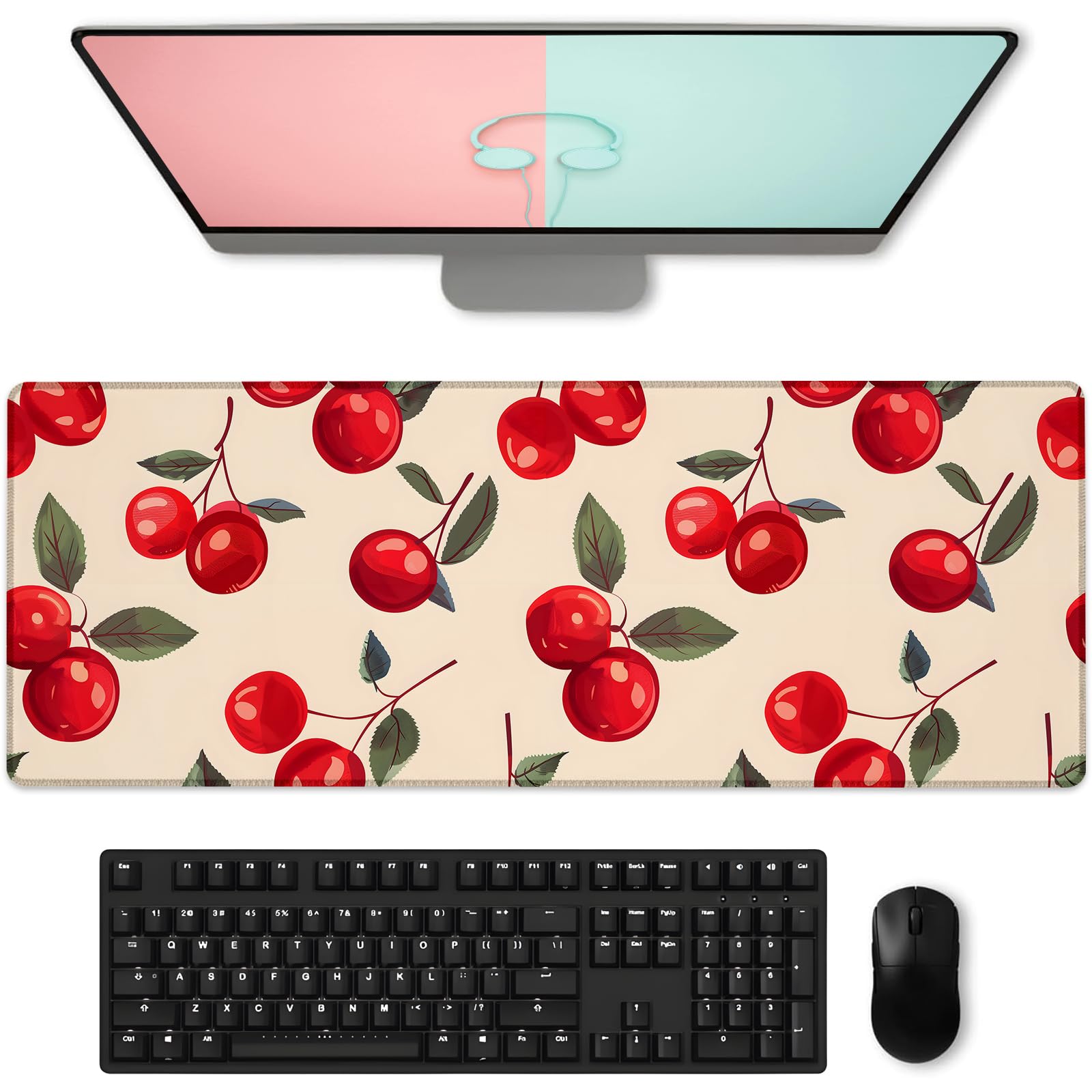 Tasty Cherry Gaming Mouse Pad, Large Fresh Fruit Desk Mat for Laptop Keyboard Computer, Non-Slip Rubber Base Desktop Extended Mousepad for Office Home