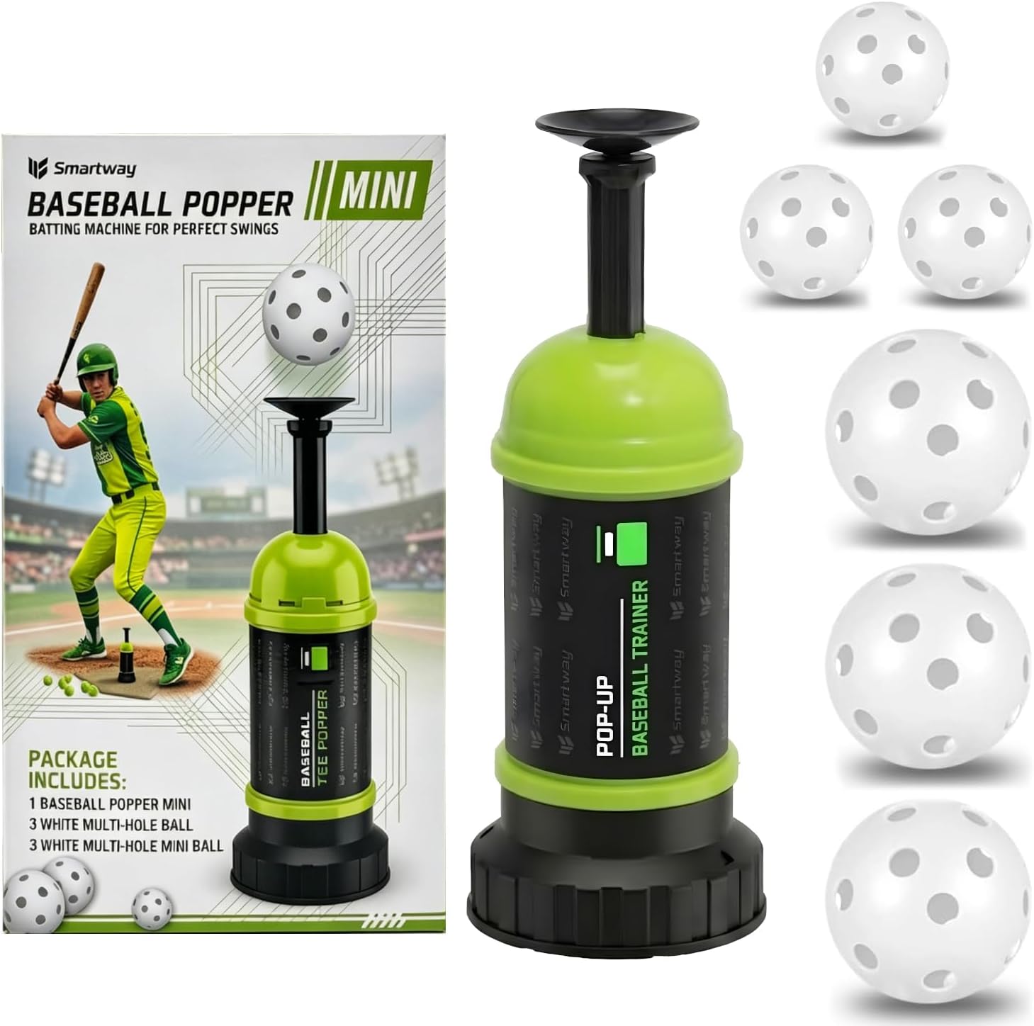 Smartway Pop-Up Baseball Trainer & Mini Baseball Popper – Batting Machine for Perfect Swings, Hitting Practice Equipment Without a Pitcher (6 Balls Included)
