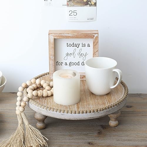 SwallowLiving Bandeja redonda rústica de madera con borde de cuentas para decoración de cupcakes con acabado de madera para pasteles y artículos