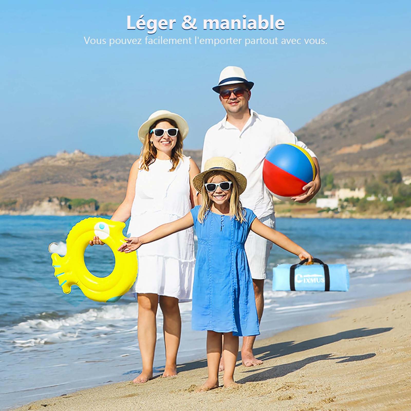 Tente de Plage Anti-UV 50+ Portable pour Bébé et Adulte - Abri de Plage Coupe-Vent (Bleu Lac, 185x120x110cm)