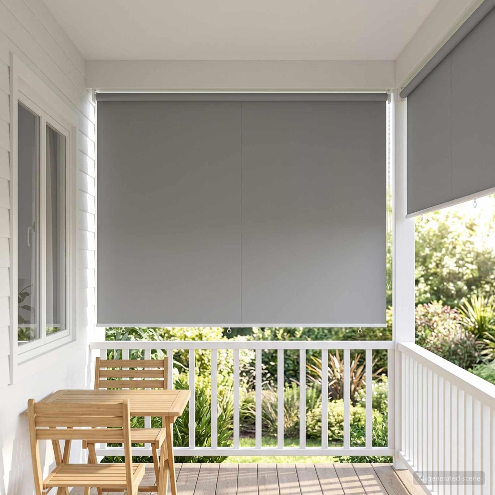 Tenda avvolgibile esterna grigio chiaro per finestra | Poliestere resistente, controllo termico, montaggio a parete o soffitto, protezione della privacy