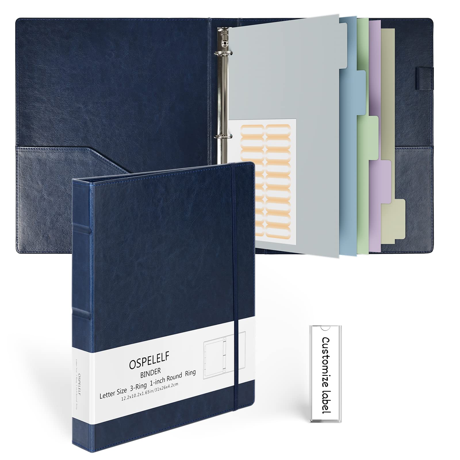Ospelelf Vintage Hardcover 3 Ring 1 inch Leather Binder, Professional Binders Organizer Suitable for Letter Size Documents, Binder Dividers with Tabs, Faux Dark Blue Leather