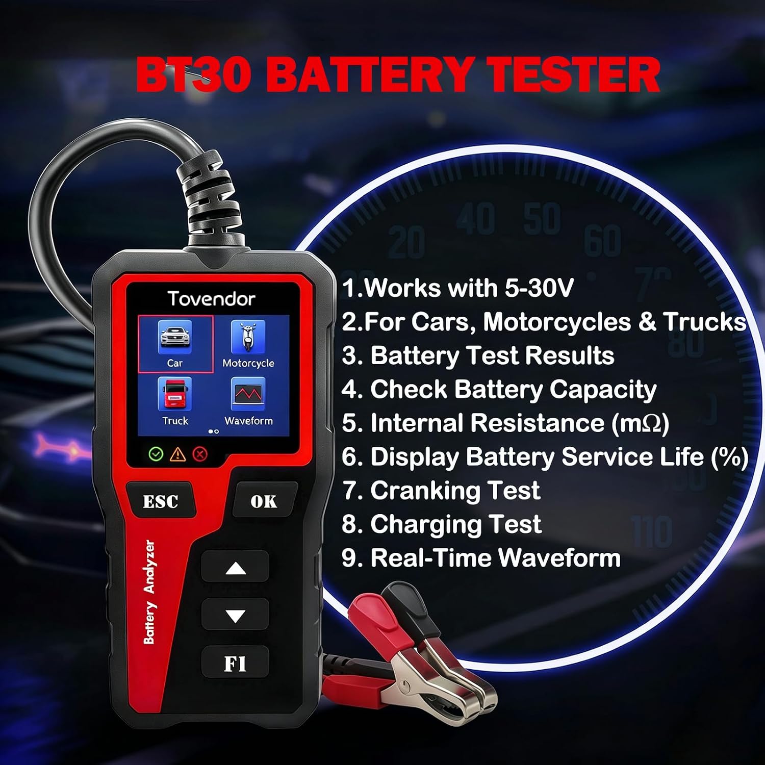 Tovendor BT30 Car Battery Tester 6V/12V/24V, Alternator and Load Tester