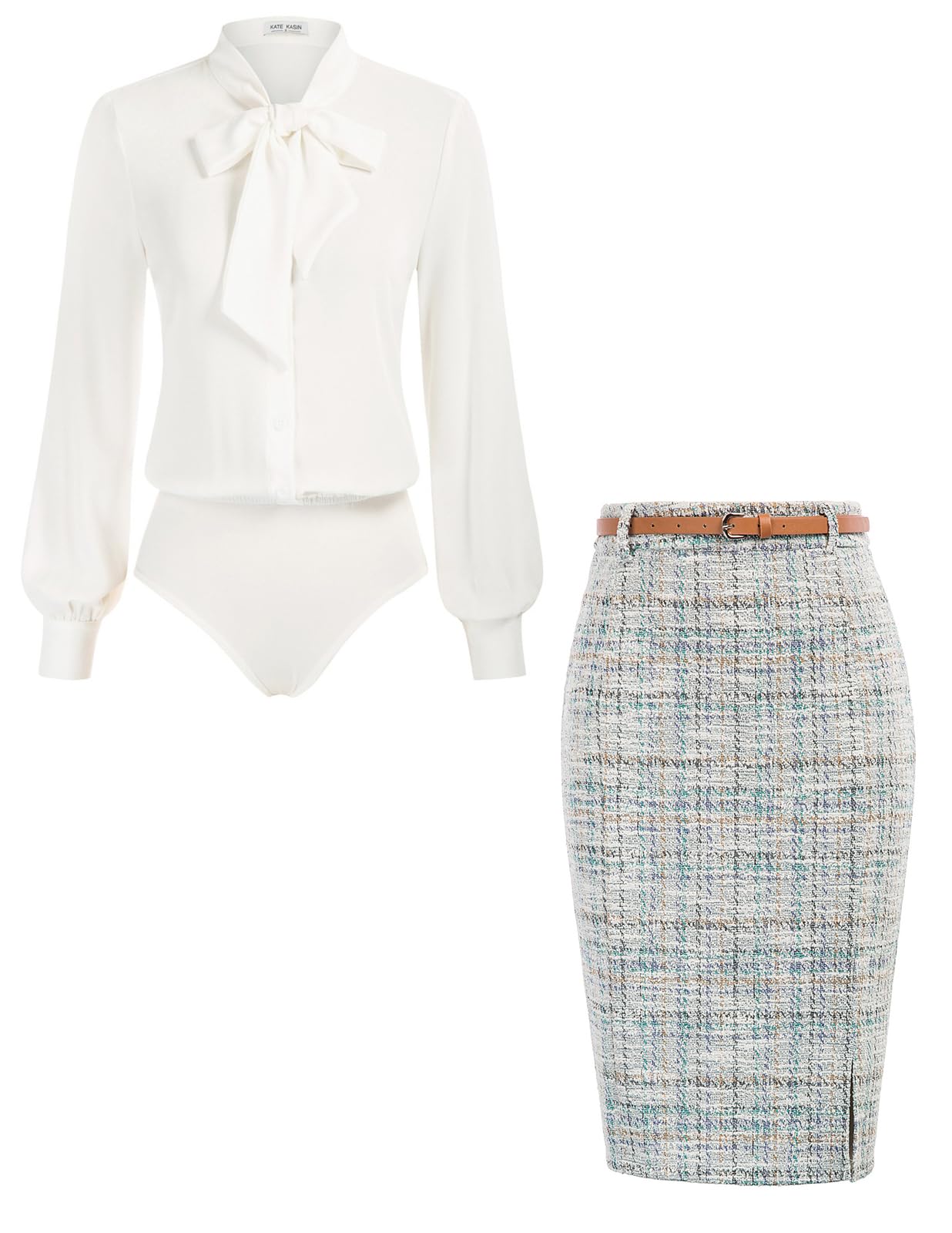 Kate Kasin Women Bow Tie Bodysuit and Tweed Pencil Skirt S