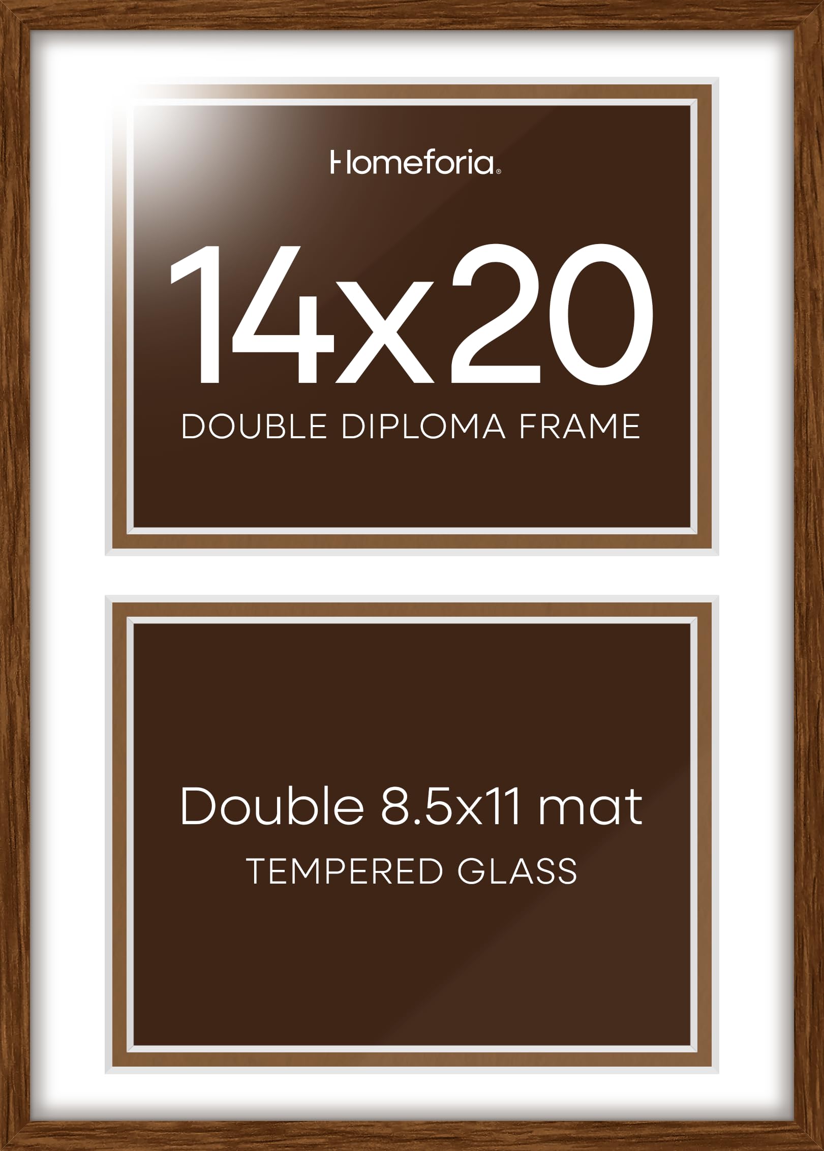 Homeforia 14x20 Double Diploma Frame Brown, High End Dark Oak 14 x 20 Wood Certificate Frames with Mat for Two 8.5x11 Diplomas, 14by20 Dual Walnut Graduation Frames, Tempered Glass, Wall Kit, Set of 2