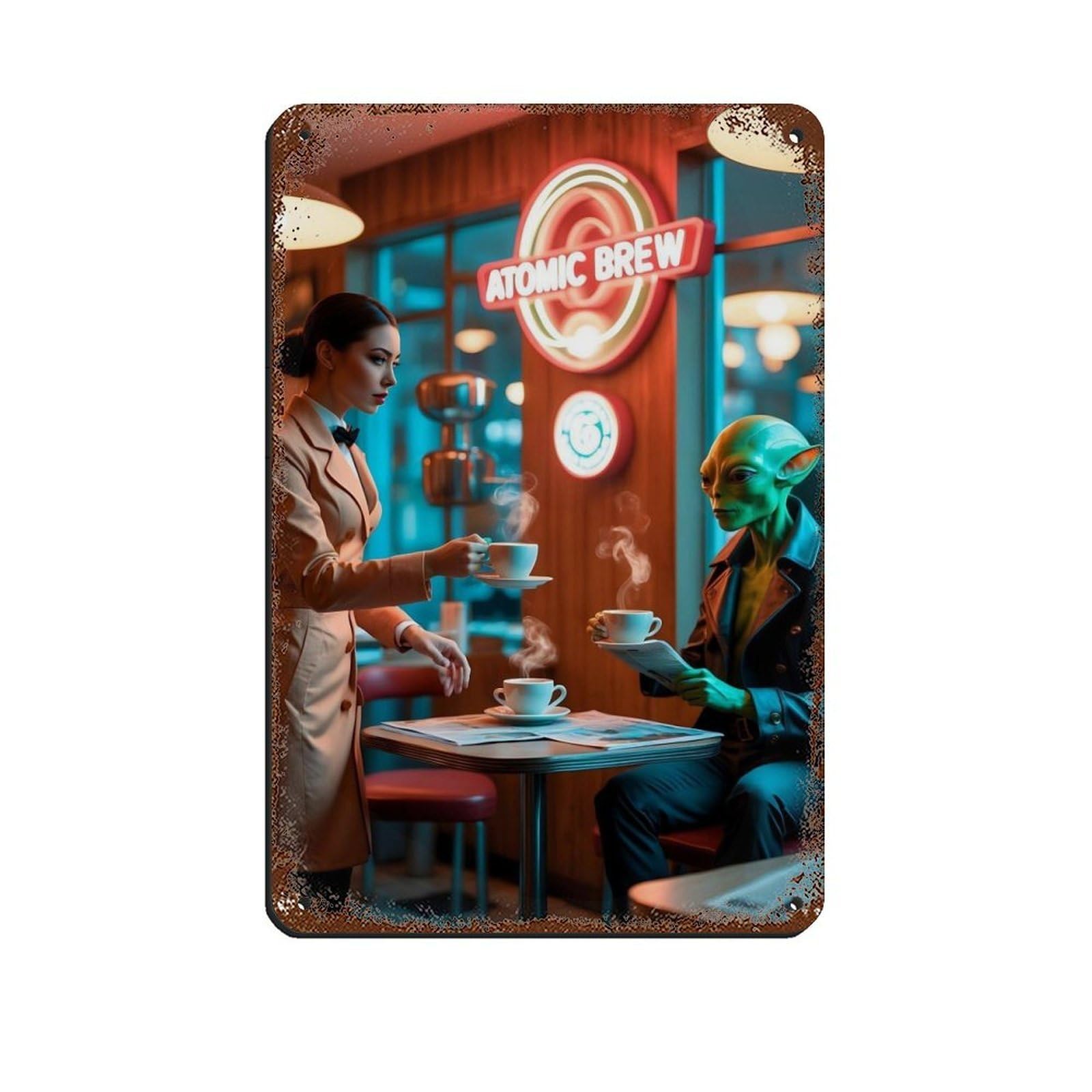 Retro Diner, Alien Cafe Scene Tin Sign Vintage Metal Pub Club Cafe Bar Home Wall Art Decoration Poster Retro 8x12inch(20x30cm)