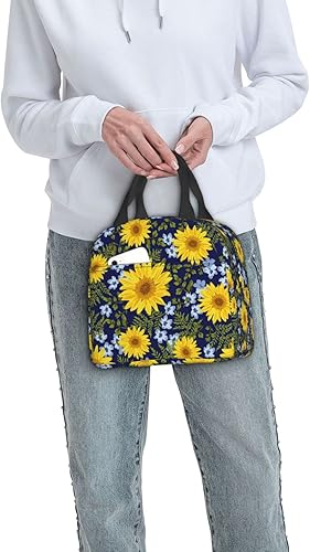 Miniatura 7 de Bolsa de almuerzo aislada de moda con estampado de girasol azul marino para mujer, contenedor reutilizable, impermeable, portátil, enfriador, bolsa