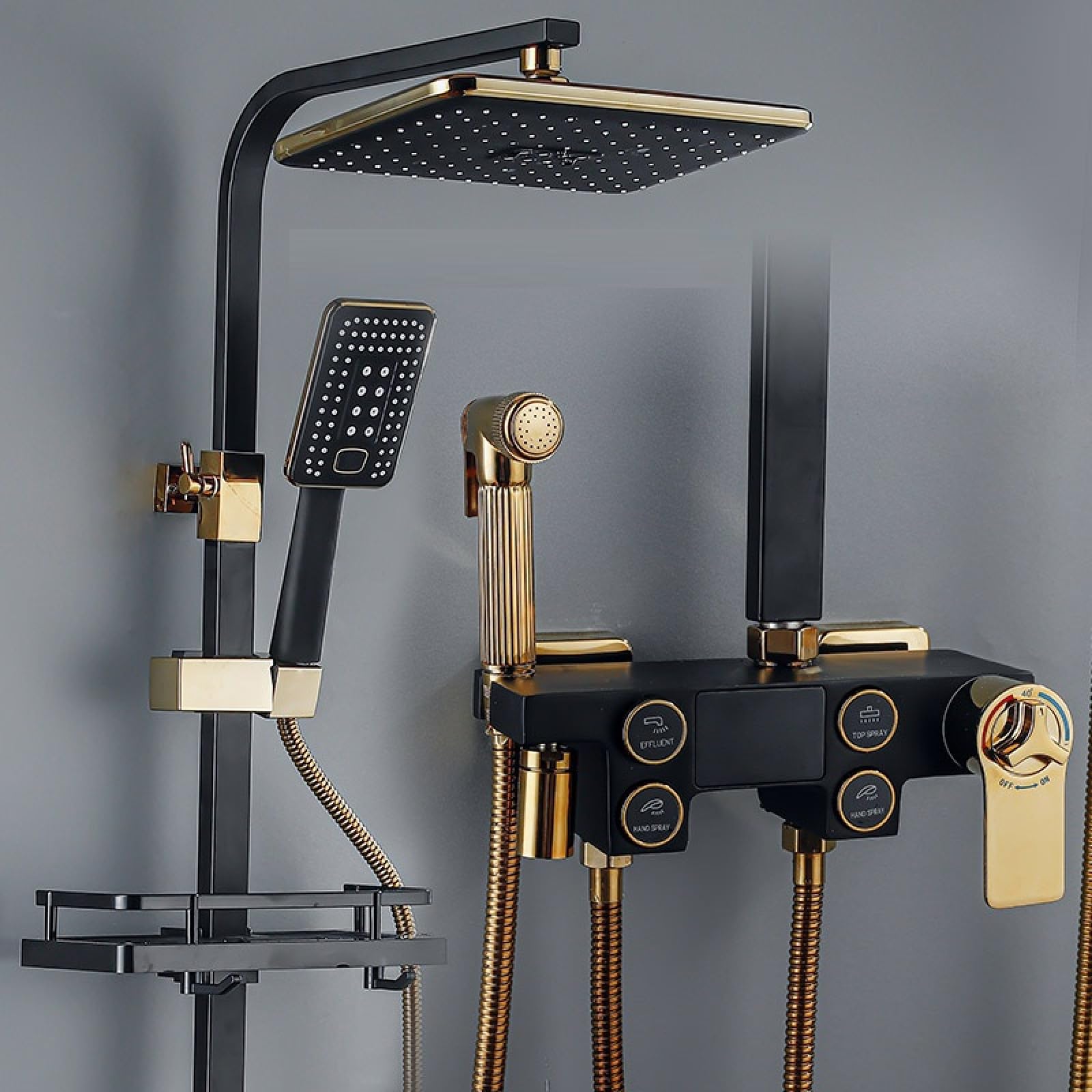 ASerZenith Family Hotel European Brass Body Faucet Bathroom Bathroom Button Shower Four-Position Black and Gold Shower Set(B-4-speed Digital ConstantTemp)