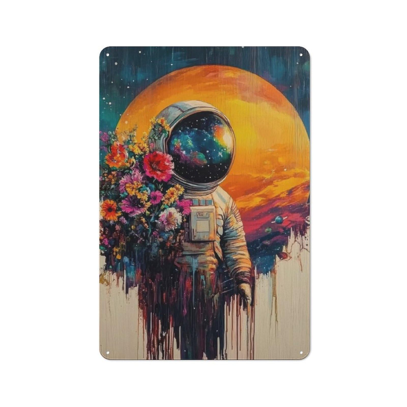 Floral Astronaut Rustic Metal Sign 30x20cm, Country Vintage Country Wall Plaque for Cottage, Kitchen, Hallway Or Breakfast Nook