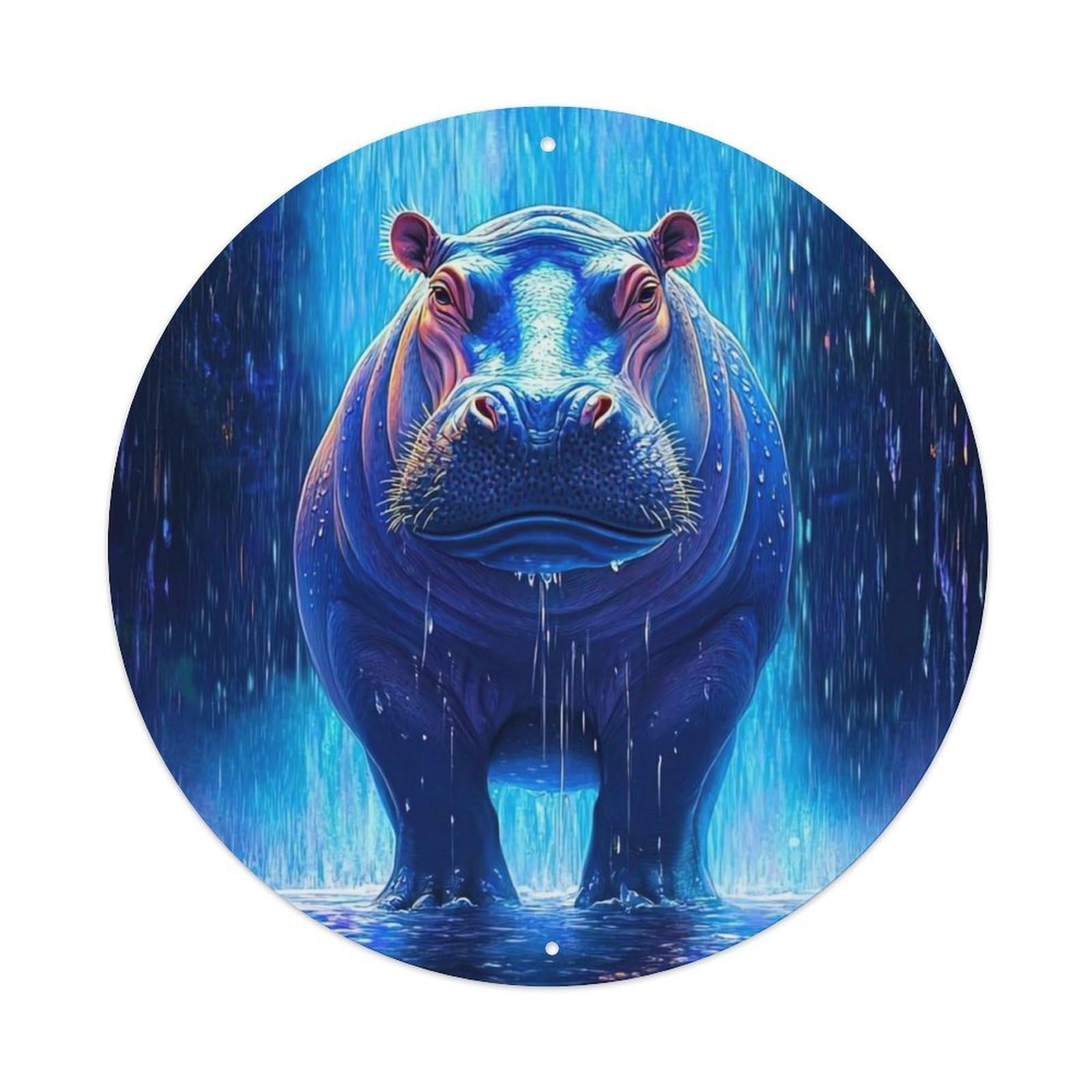 Animal Hippopotamus Fantasy Waterfall Tropical Jungle Neon Glow Vintage Metal Tin Sign Plaque Wall Decor for Cafe, Club Bar, Office, Garden Metal Poster 8x8Inch