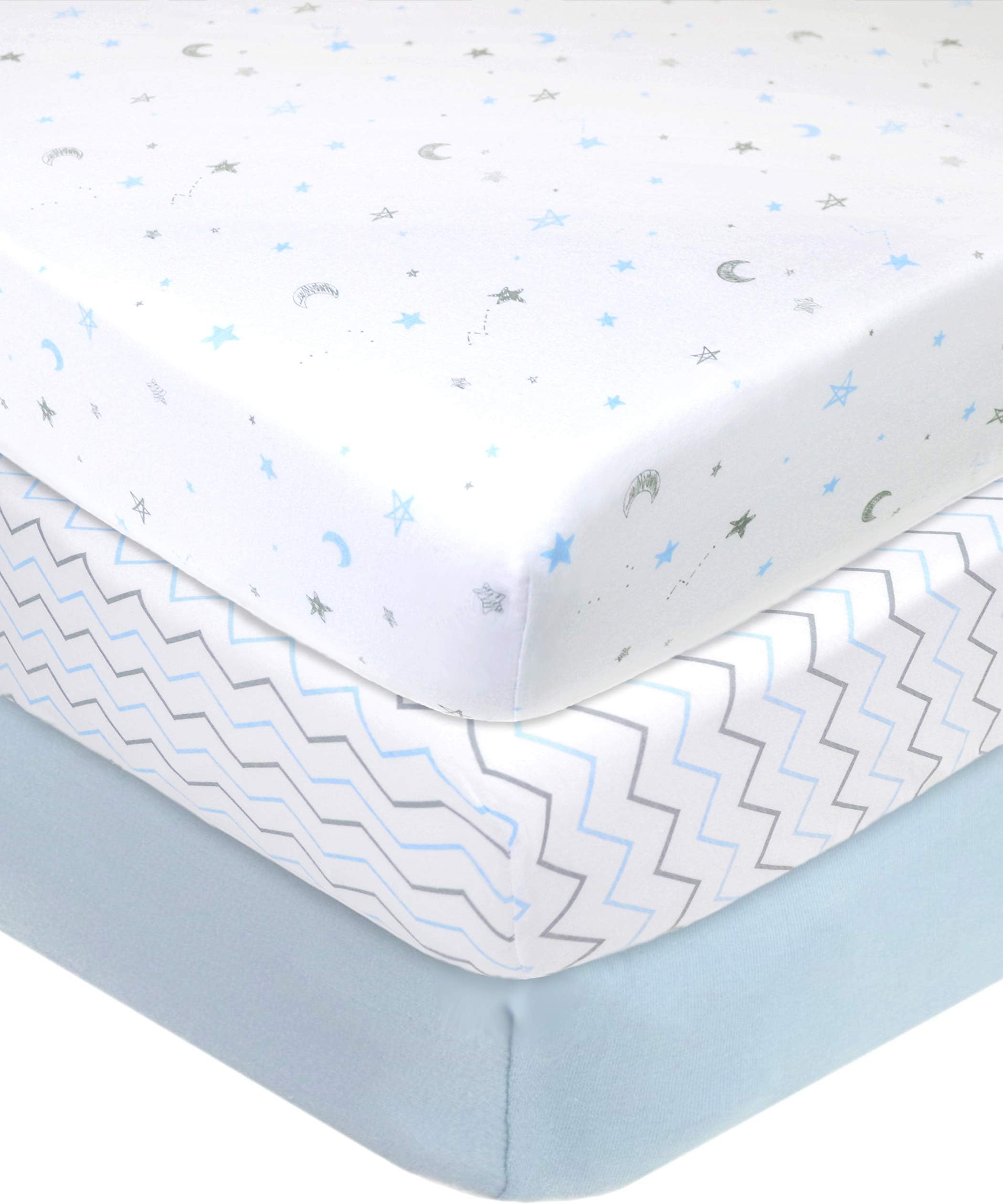 3 Pack 100% Natural Cotton Fitted Crib Sheets 52" x 28" - Soft, Breathable, Hypoallergenic & Gentle Toddler Bed Sheets, Blue Star/Zigzag, Neutral for Boys & Girls