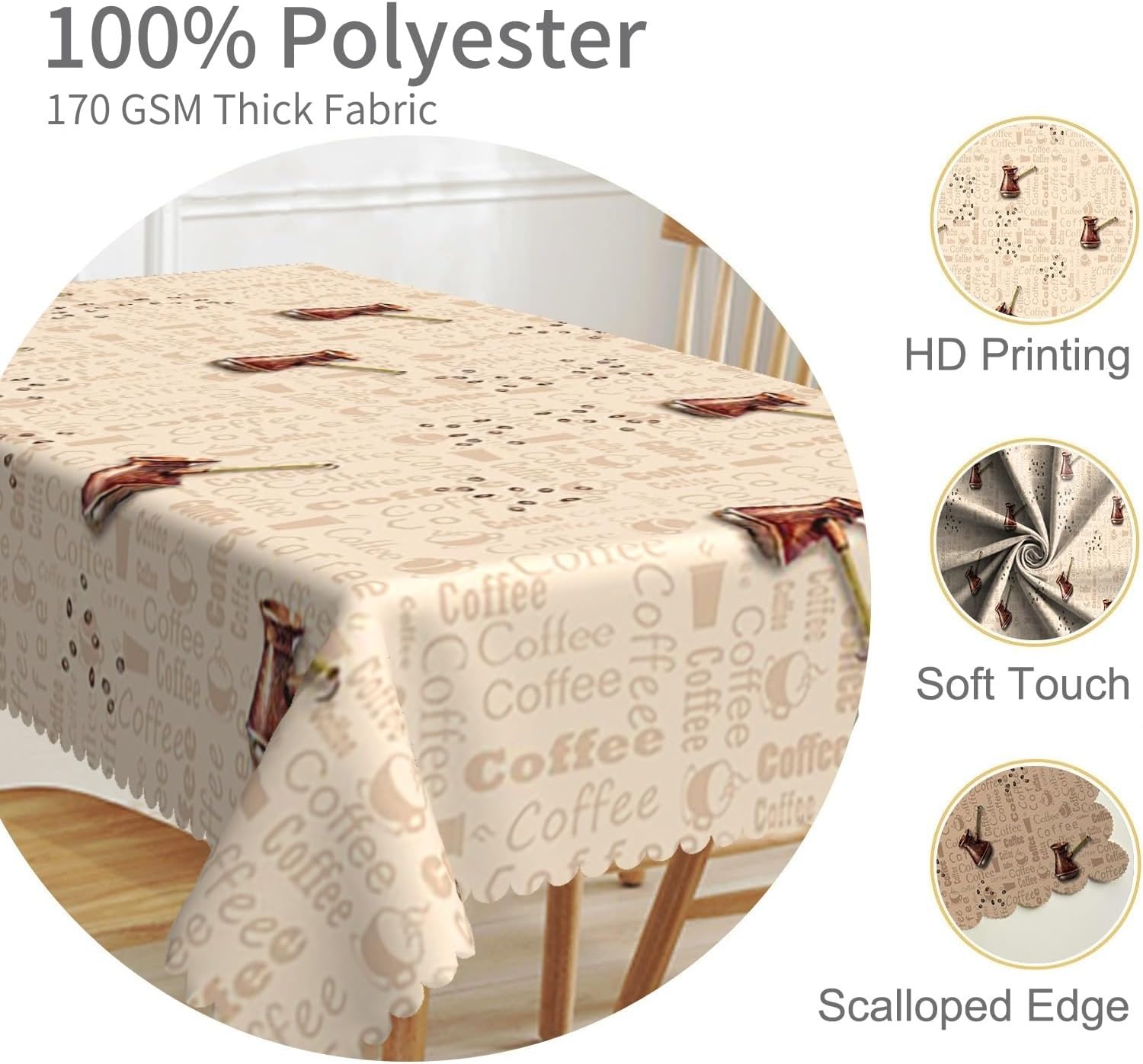52x70inches Coffee Themed Rectangle Tablecloth Brown Coffee Pot Beans Print Decorative Table Cover Wipeable and Spillproof Fabric Table Cloth for Cafe Kitchen Dining Room Picnic Home Decor