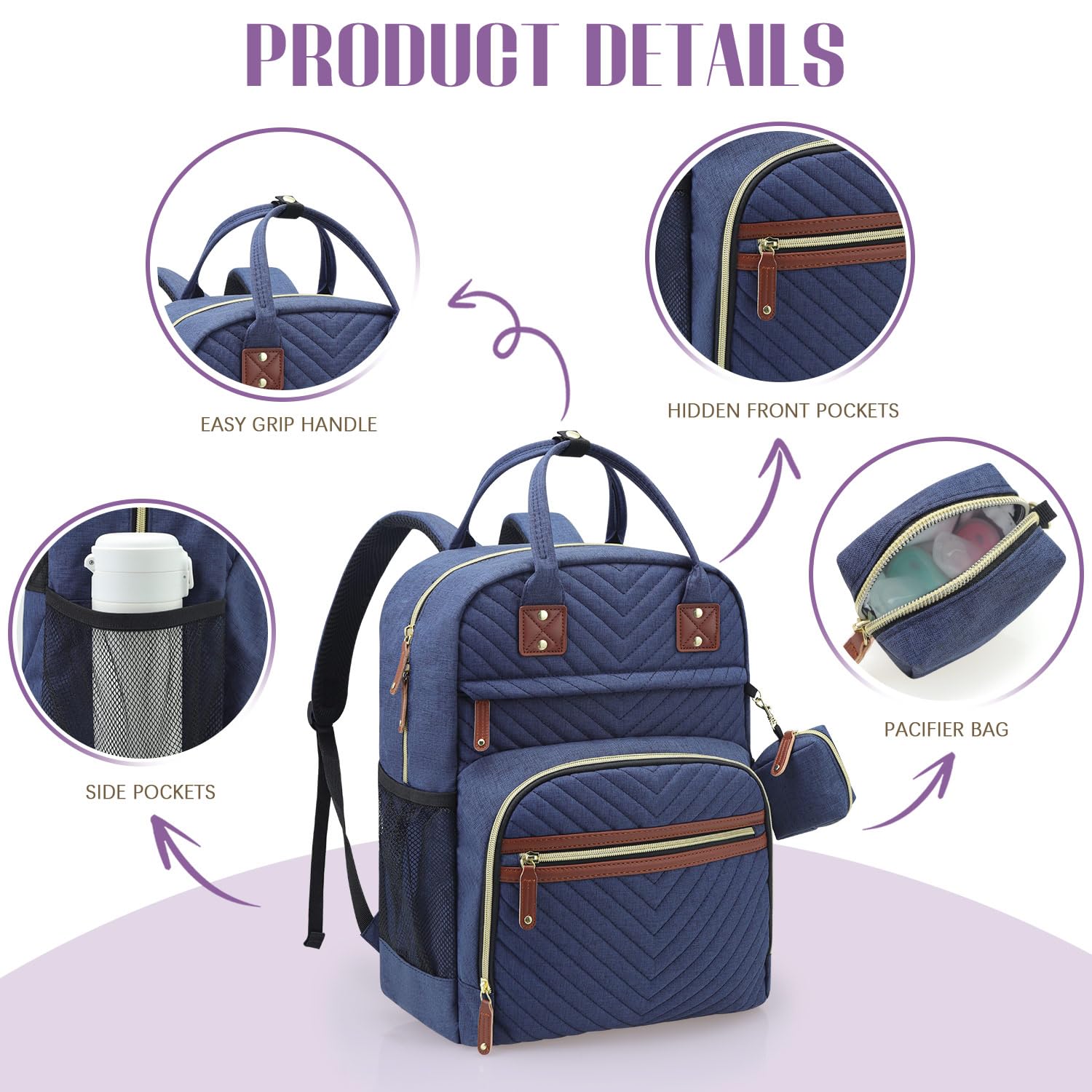 Tuwubi Diaper Bag Backpack, Baby Essentials Travel Tote Bag, Multi function Waterproof Backpacks, Travel Essentials with Stroller Straps & Pacifier Case - Blue