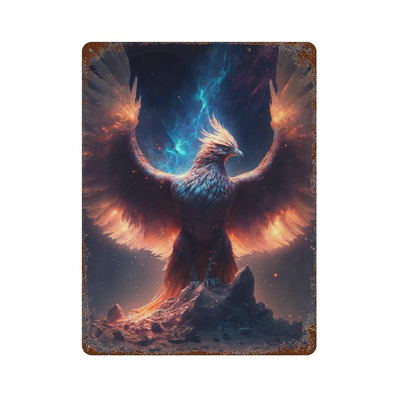 Phoenix Rising Mythical Bird Artwork -2 Rust Effect Tin Sign 15.7"x11.8", Retro Wall Decor for Pub, Kitchen And Man Cave Decor