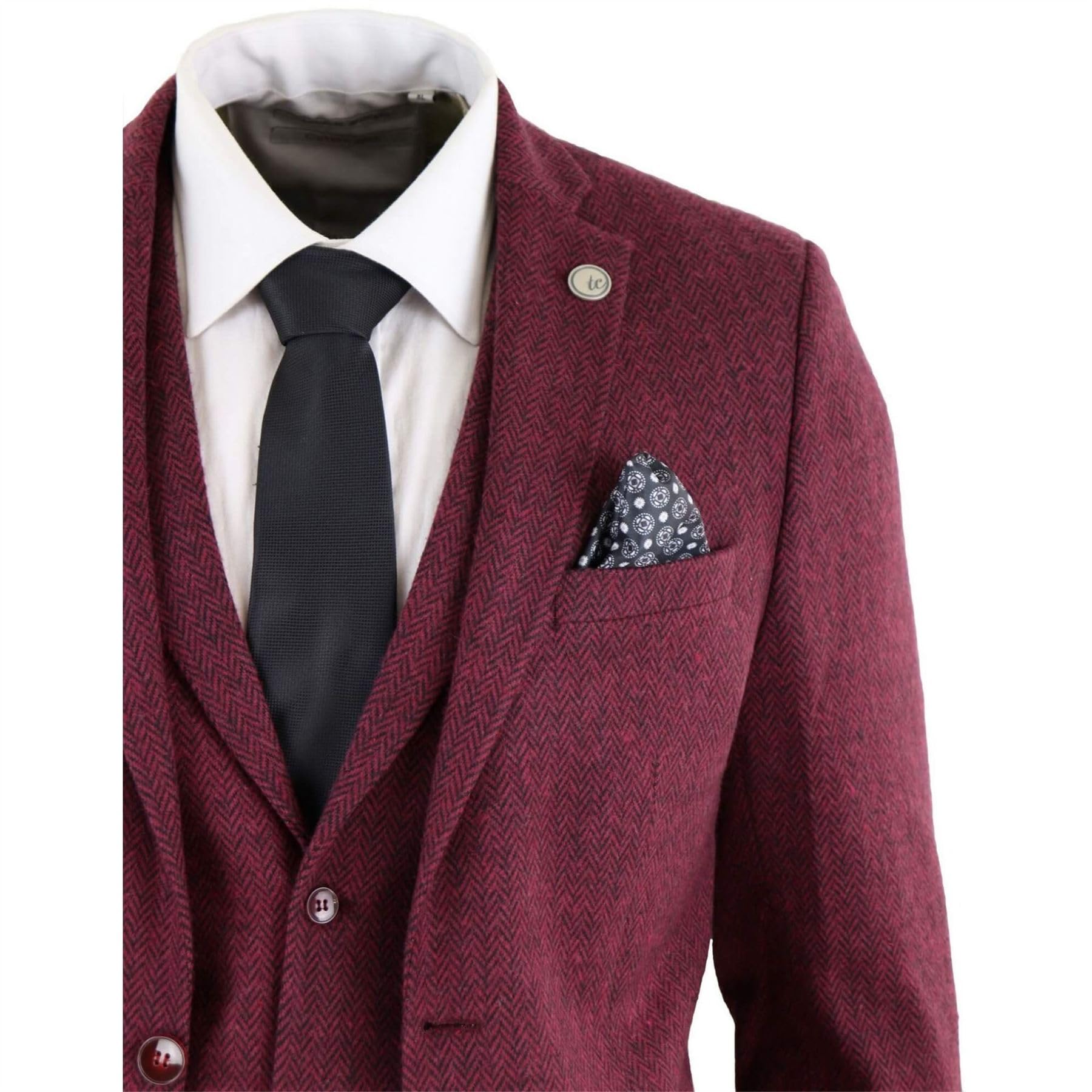 TruClothing.com Abito da Uomo 3 Pezzi Bordeaux Nero Classico in Lana Tweed