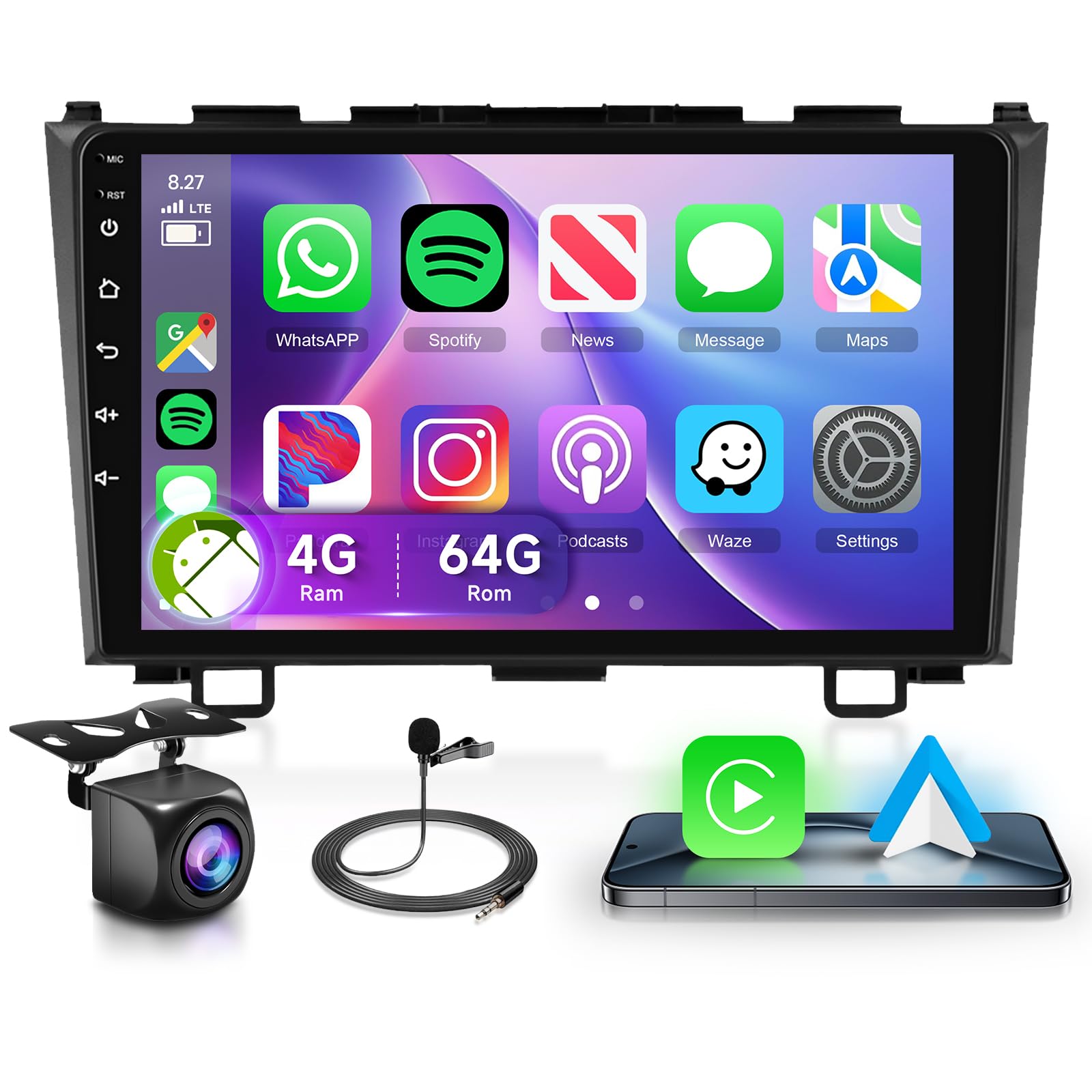 4G+64G Car Radio Stereo for Honda CRV 2007-2011 with Wireless CarPlay/Android Auto, 9 Inch 1280 * 720P IPS Touch Screen Android 13 GPS WiFi Bluetooth