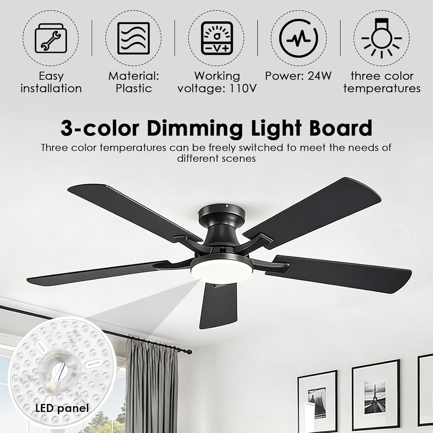 2026 6.3" Ceiling Fan LED Light Replacement Kit, 2200LM, Energy Efficient, 110V 24W 3CCT, Easy Install for Ceiling Fan Light
