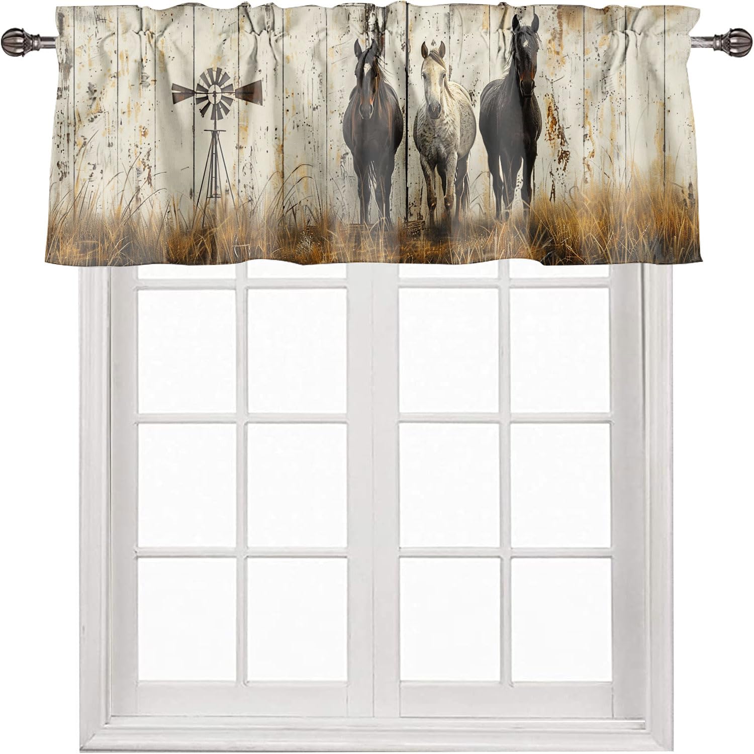 Western Horse Valance Curtains for Kitchen Farm Animal Windmill Country Farmhouse Rustic Wooden Board for Kitchen Windows Rod Pocket Valance Window