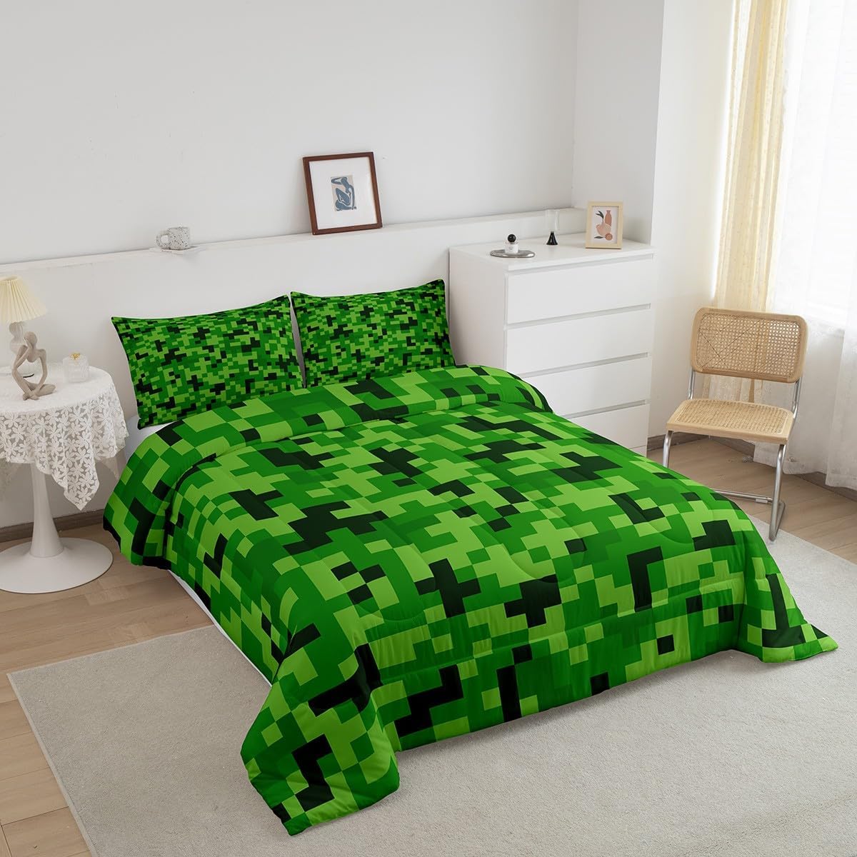 Castle Fairy Green Pixelated Gird Comforter Set Full Size,Video Games Bedding Set for Kids Boys Girls Teens Room Decor,Cartoon Gamepad Quilt Set Modern Geometric Check Duvet Insert,2 Pillowcases