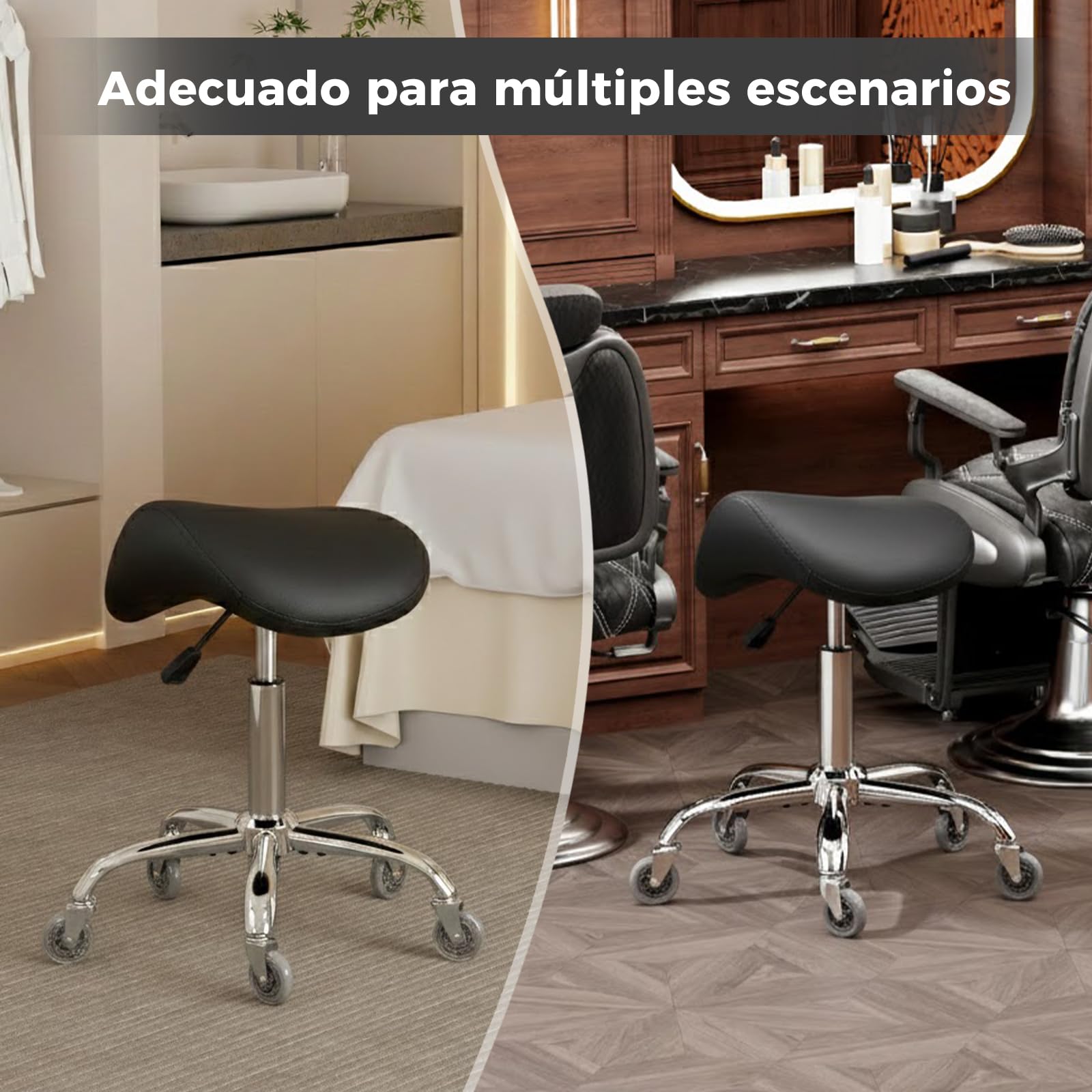 BEWISHOME Taburete Ergonómico de Silla de Montar con Ruedas, Ajuste Hidráulico Altura, Cojín Asiento Más Ancho, Adecuado a Peluquerías, Oficinas, Centros Masajes y Salones Belleza (Negro)
