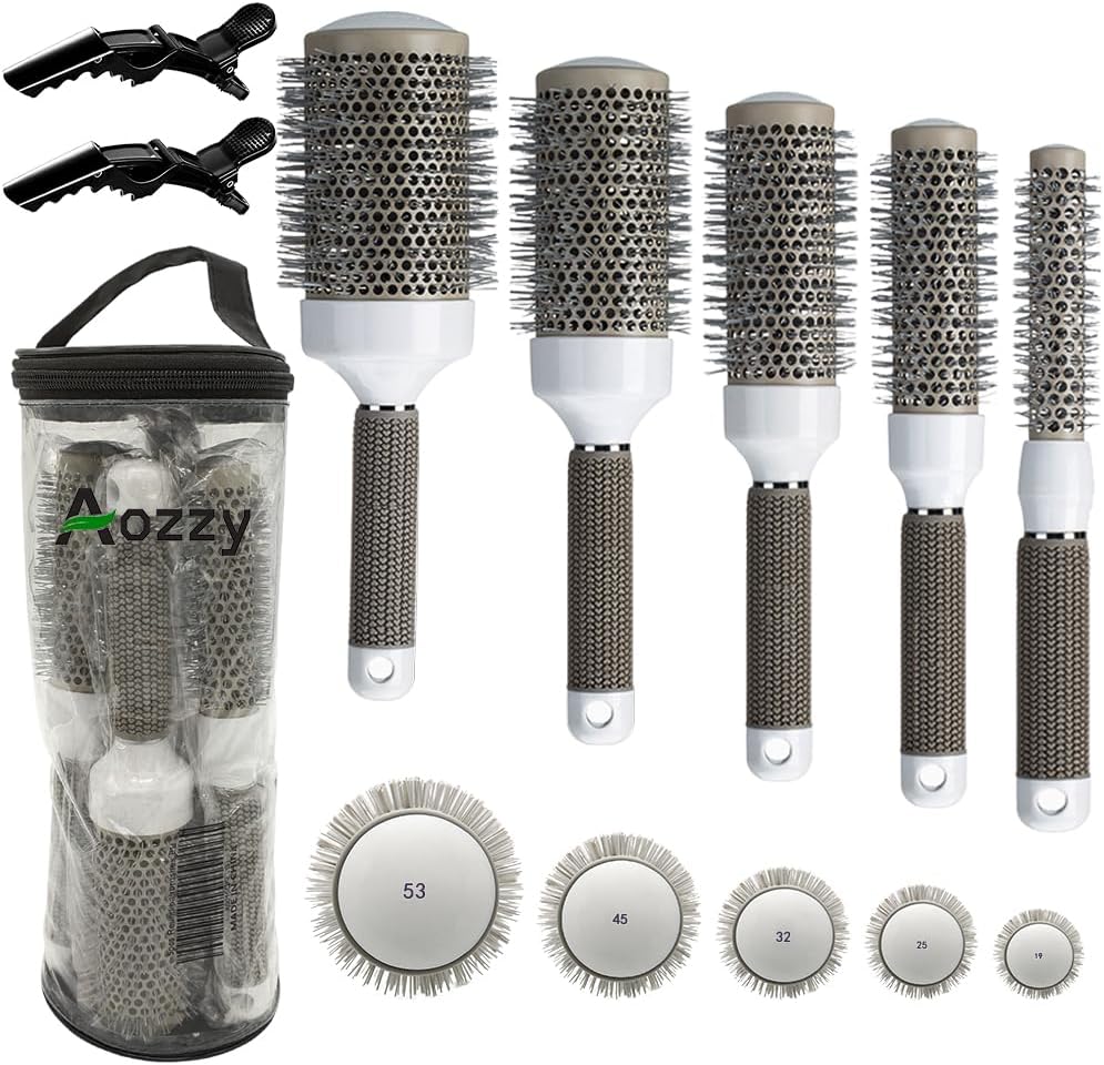Round Brush Set for Blow Drying Curling, Professional Ceramic Ion Thermal Barrel Brush Leaves Hair Shiny Heat Styling Brush 5 Different Sizes Works Very Well with The Blow Dryer