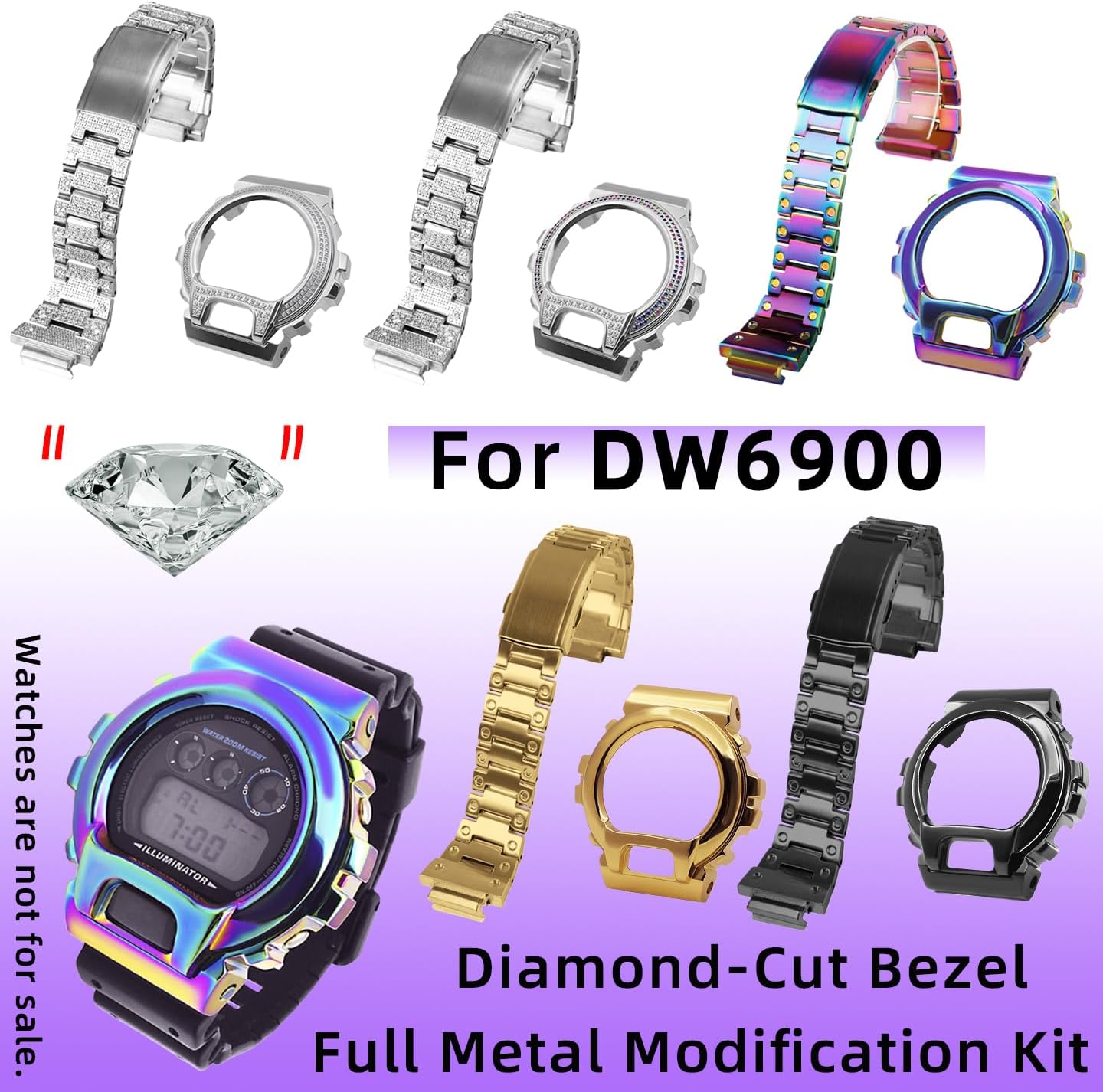 Compatible with Casio G-Shock DW6900 Full Metal Modification Kit,Stainless Steel Case & Diamond-Cut Bezel Bracelet Set,Upgrade Accessories