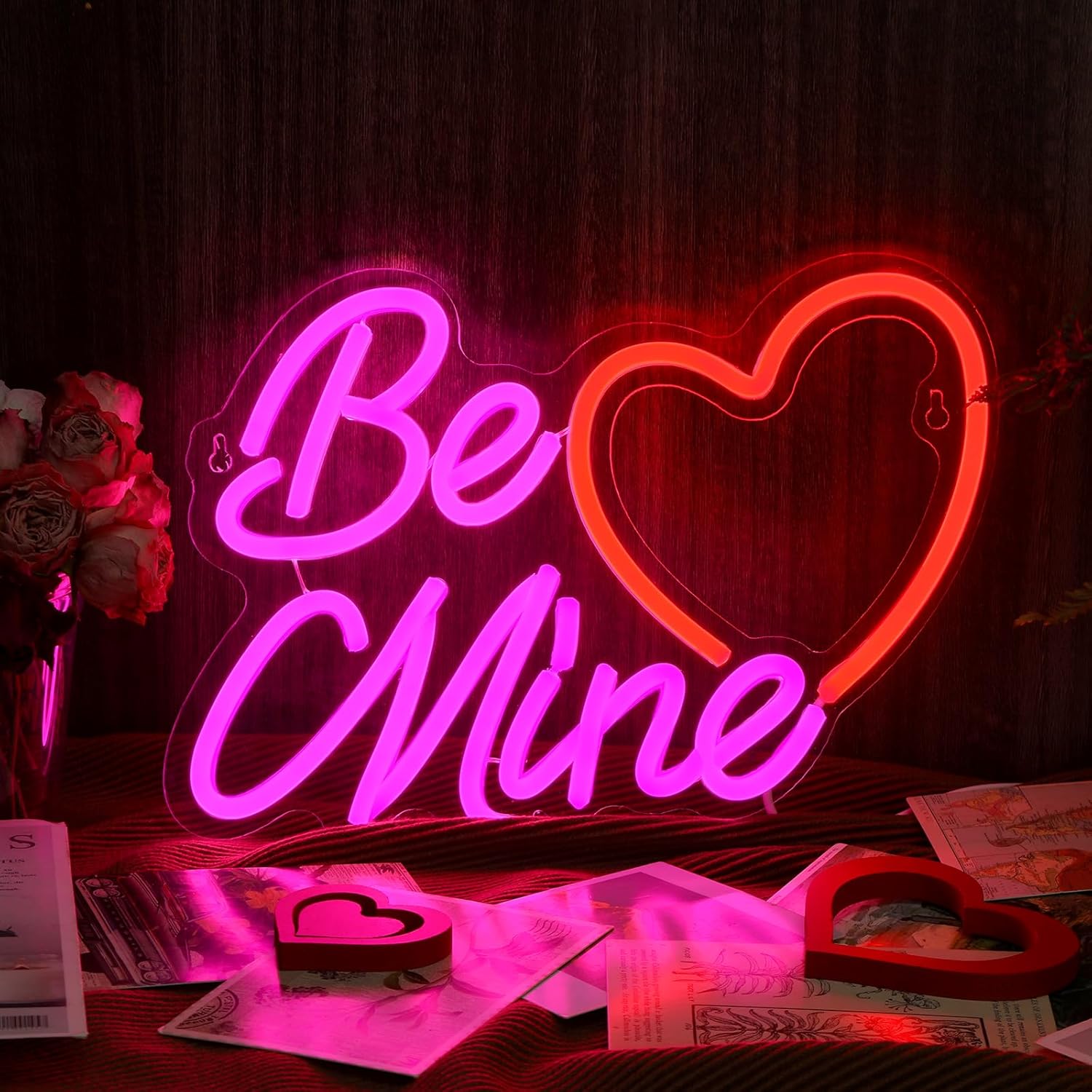Valentine's Day Be Mine Neon Sign Heart Neon Sign 15.8 x 8.9 Inch Valentines LED Window Light USB Powered for Wedding Engagement Wall Art Decor