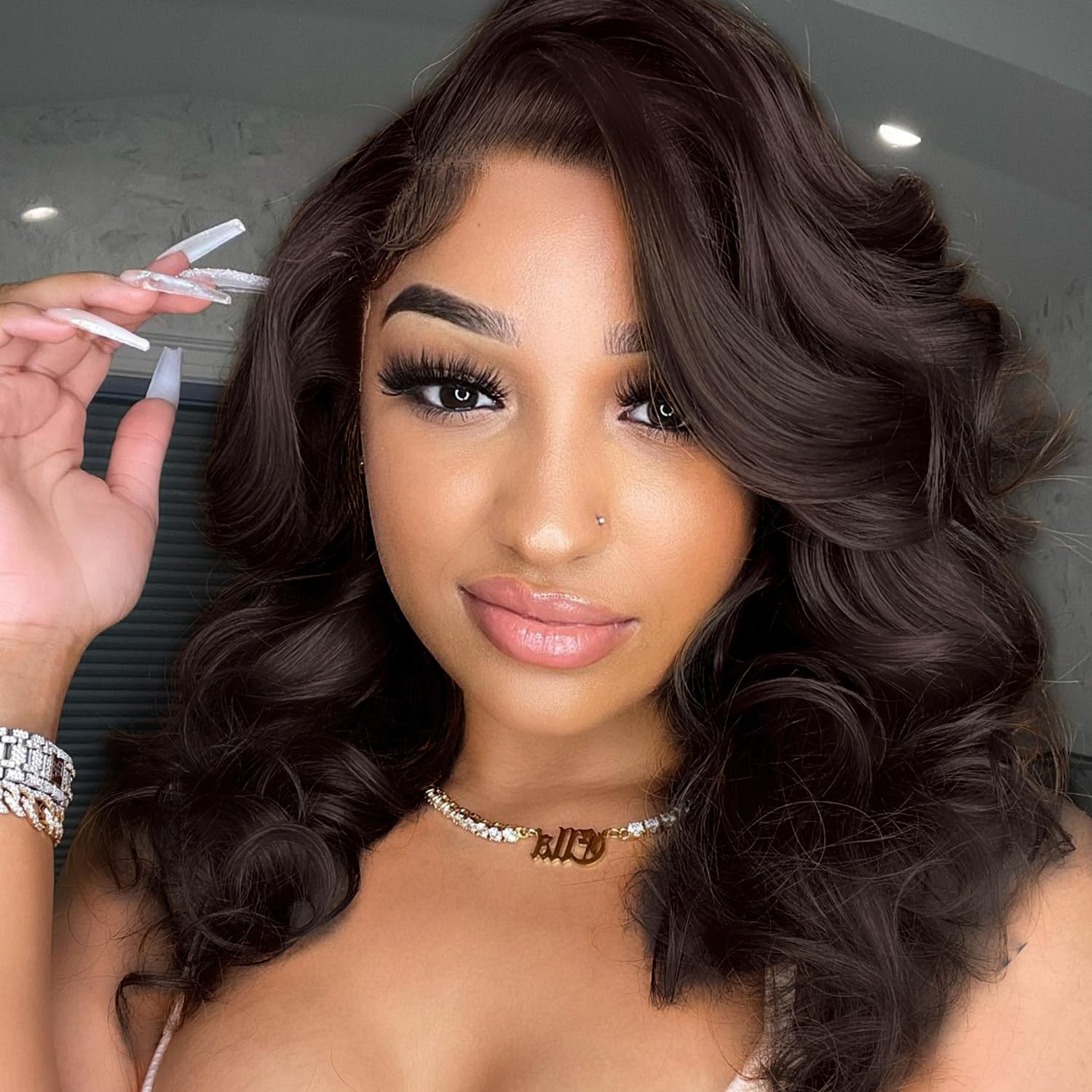 WIGER Short Wavy Wigs for Women Chocolate Brown Loose Wave Bob Hair Wig 14 Inch Side Part Shoulder Length Glueless Lace Part Hair Synthetic Curly Wig