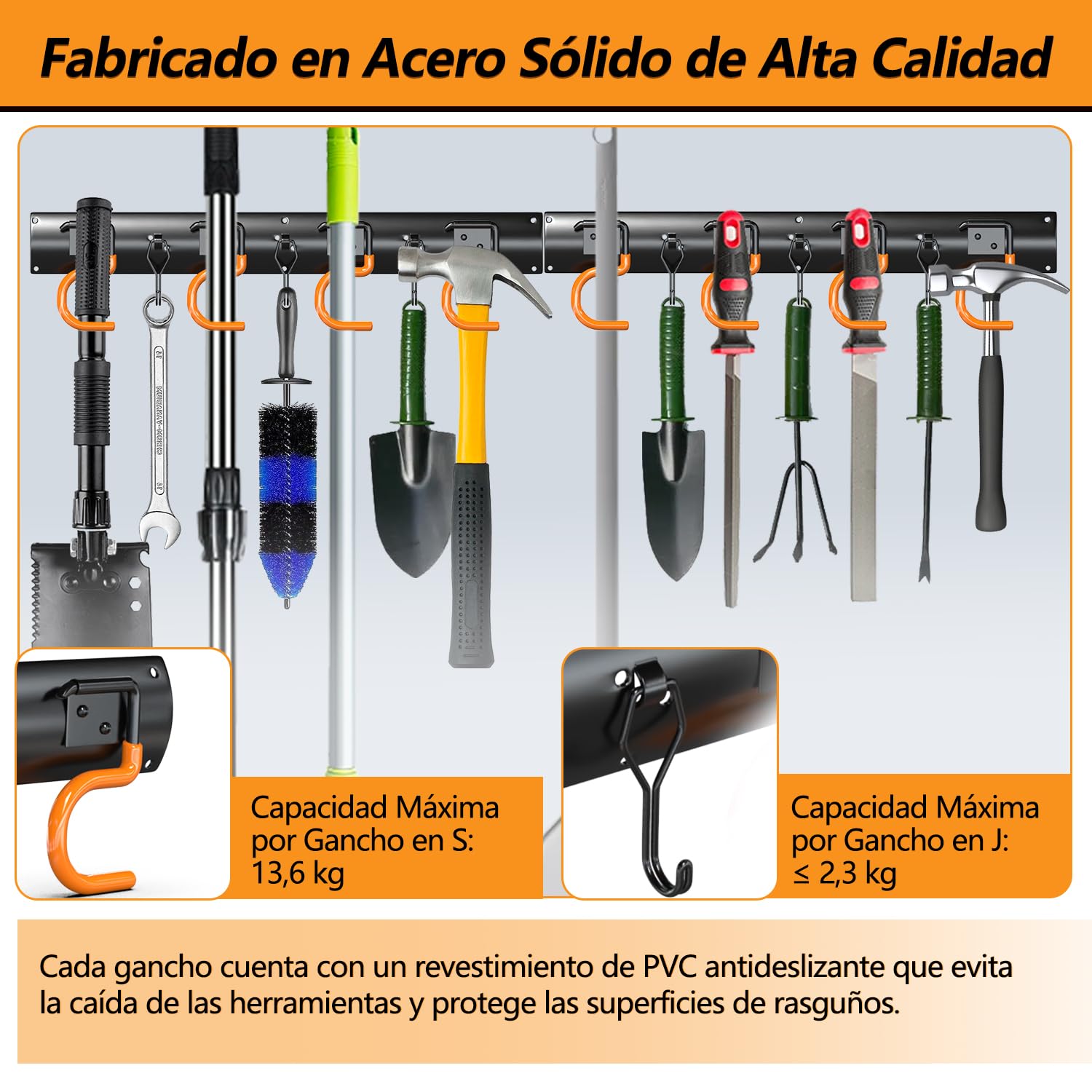 3-H Soporte Herramientas Pared 4x42cm, Organizador Herramientas Pared Acero Macizo Ajustable, Ganchos Garaje para Colgar Impermeable con 16 Ganchos +12 Pequeños, Jardín Garaje Baño(168cm/66.14inch)