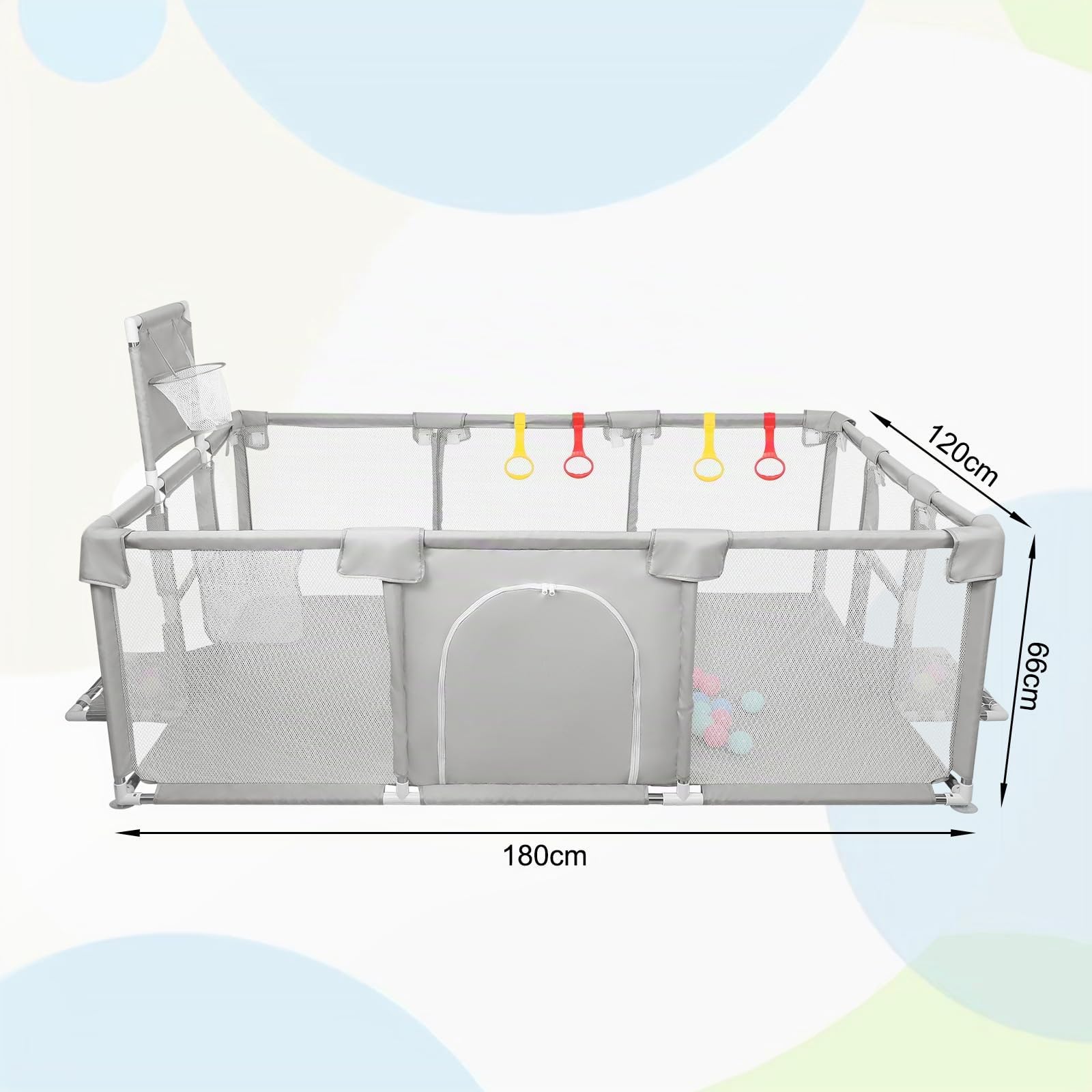 OHMG Parc Bébé,180x120cm,d'Activité pour Enfants avec Base,Modulable,Pliable,Grand parc pour enfant en bas âge Avec Porte Zippée,50 Balles,Basketball Rack,4 Ventouses (180 * 120 * 66cm-Gris clair)
