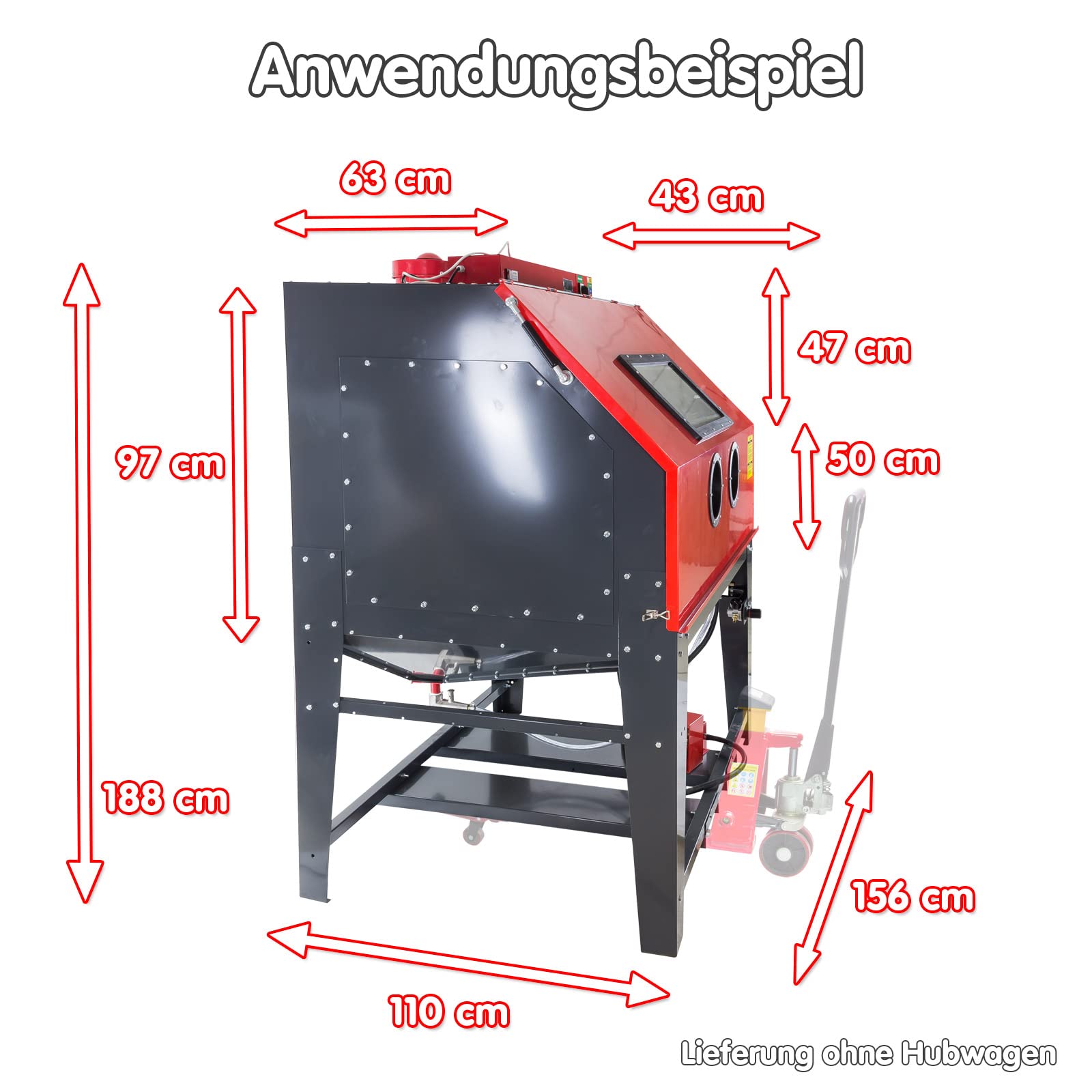 Sandstrahlkabine Sandstrahlgerät Sandstrahler sandstrahlen reinigen 1200 Liter / 1300 Watt / 400 bis 700 Liter/min 15-25 cfm / 3,4 bis 5,5 bar 40 - 80 psi