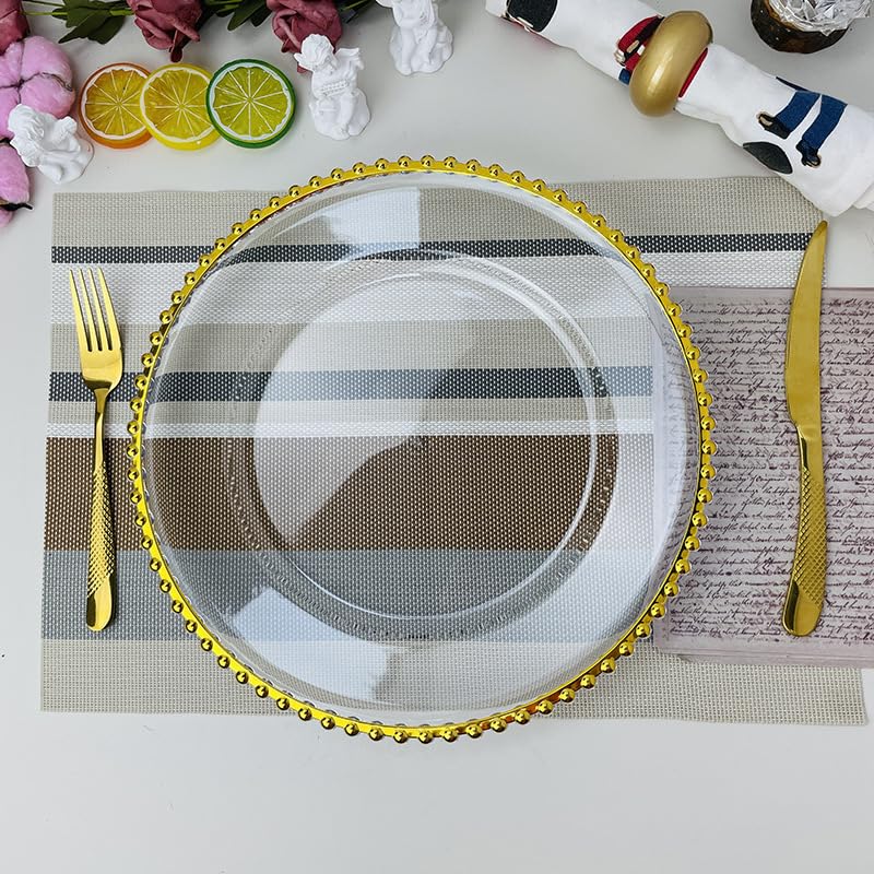 HONHPD 100 Pcs Clear Round Charger Plates 13 Inch Plastic Dinner Charger Plates Decorative Charger Service Plates with Beaded Rim for Wedding Birthday Party Events Dinner Table Decoration (Gold)