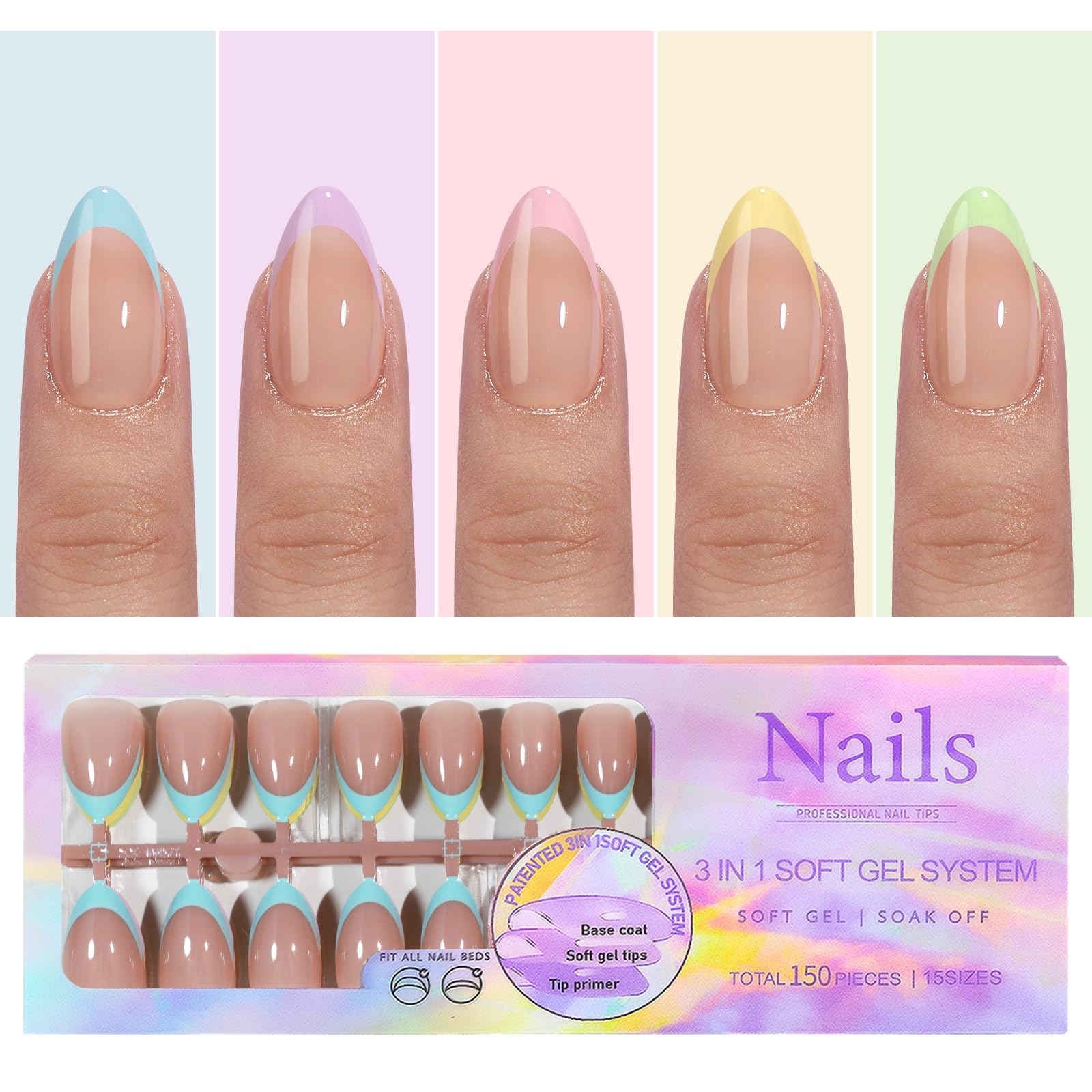 Namrec 150Pcs 15Sizes French Gel Nails - French Tip Press on Nails Short,Colorful Soft Gel Fake Nails,Almond False Nails Glossy Nails Press ons for