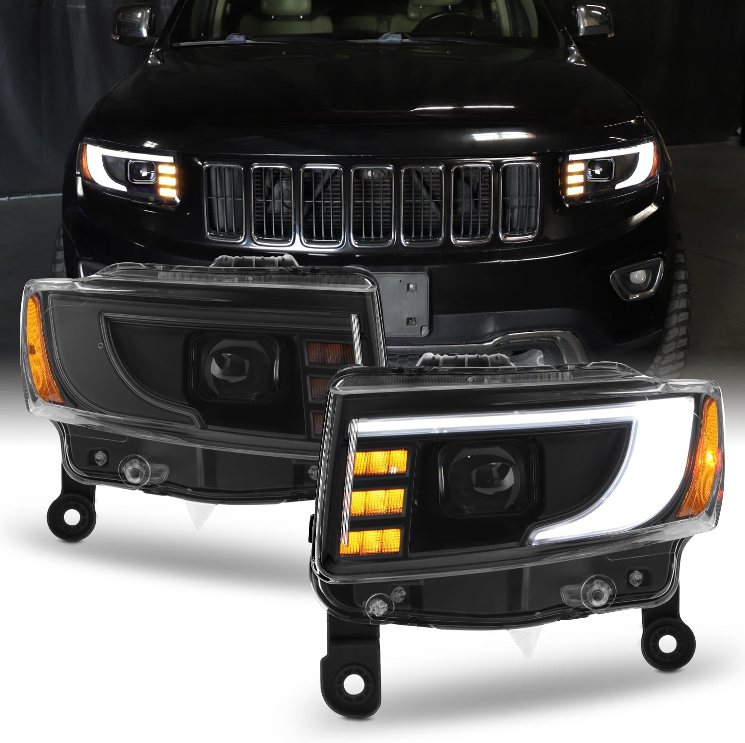 AKKON - Fit 2014 2015 2016 Jeep Grand Cherokee [Full LED] Tube Bar DRL w/Sequential Signal Projector Headlights Chrome Housing Direct Replacement Headlamps