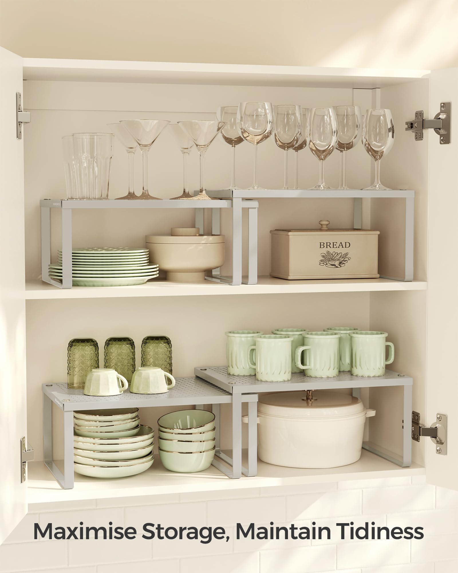 SONGMICS Spice Racks, Set of 2 Cupboard Organisers, Kitchen Storage, Stackable, Expandable, Metal Counter Shelves - Image 3