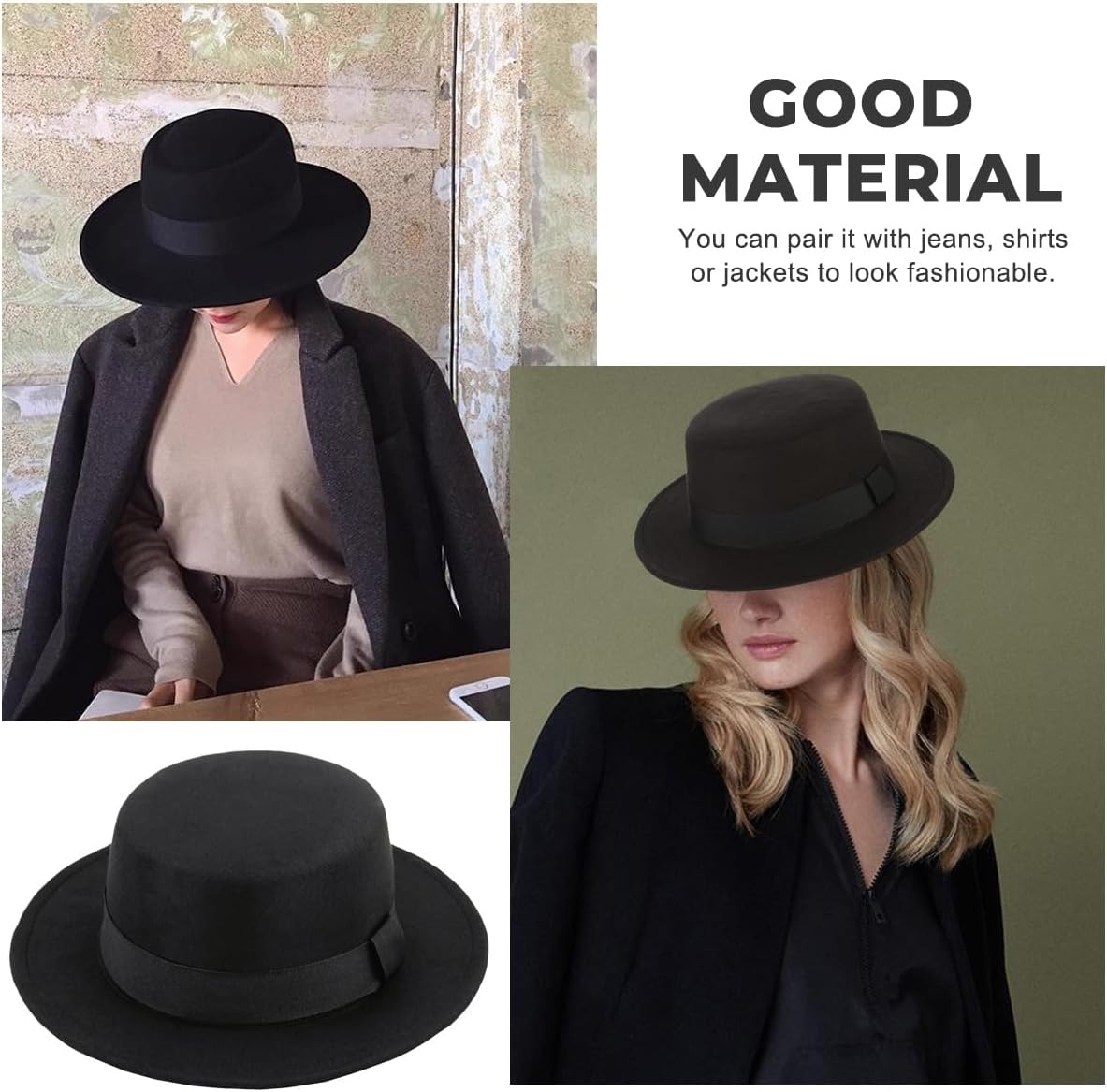 Fashion Black Wool Blend Flat Brim Elegant Fedora Hat Panama Style Bowler Cap Jazz Hat with Belt for Winer Autumn - Image 7