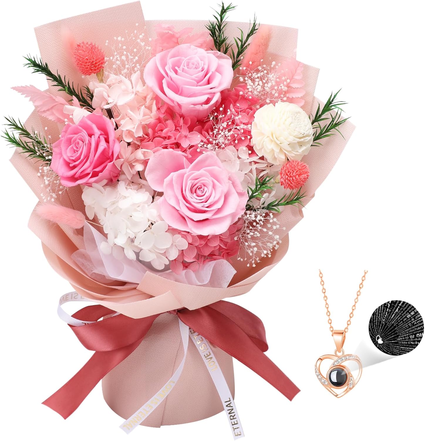 Casaido Preserved Flowers for Delivery, Pink Flower Bouquets with Necklace, Forever Real Roses Anniversary Birthday Gifts for Women Mom Wife Girlfriend, Fresh Flowers for Valentines Day Christmas