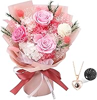 Casaido Preserved Pink Roses Bouquet with 100 Languages I Love You Necklace - Eternal Flowers Gift for Wife Girlfriend Mom Anniversary Birthday Valentine's