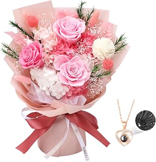 Casaido Preserved Pink Roses Bouquet with 100 Languages I Love You Necklace - Eternal Flowers Gift for Wife Girlfriend Mom Anniversary Birthday Valentine's