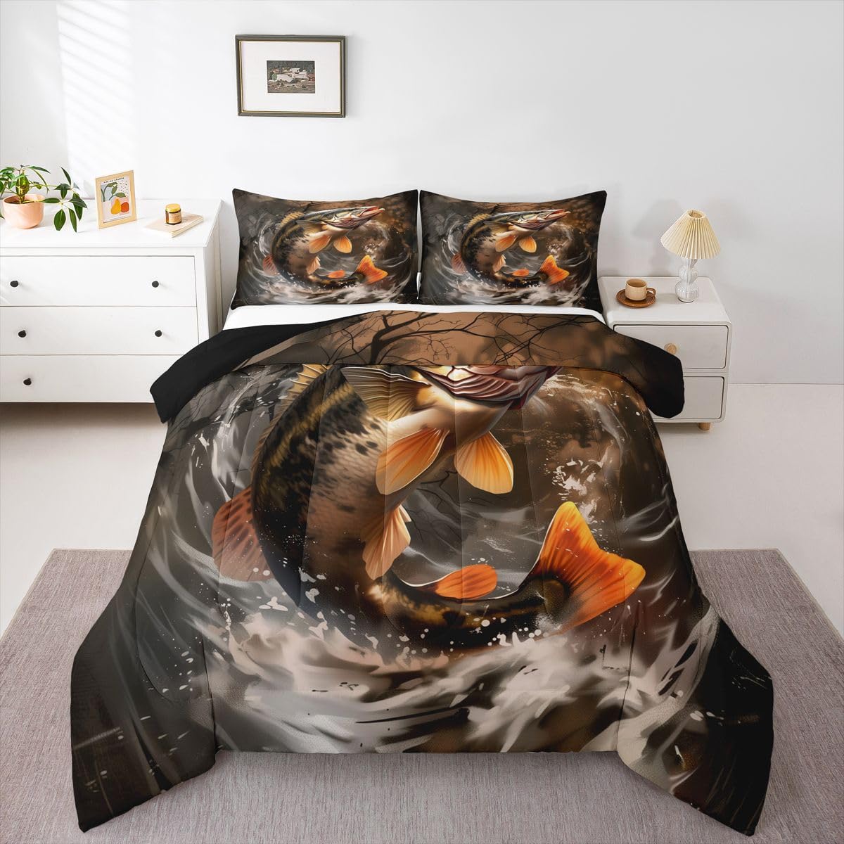 jejeloiu Bass Fish Kids Comforter Set Queen Size Fishing Bedding Set Rustic Cabin Country Duvet Quilt for Kids Boys Girls Bedroom Decor Microfiber Ultra Soft Breathable
