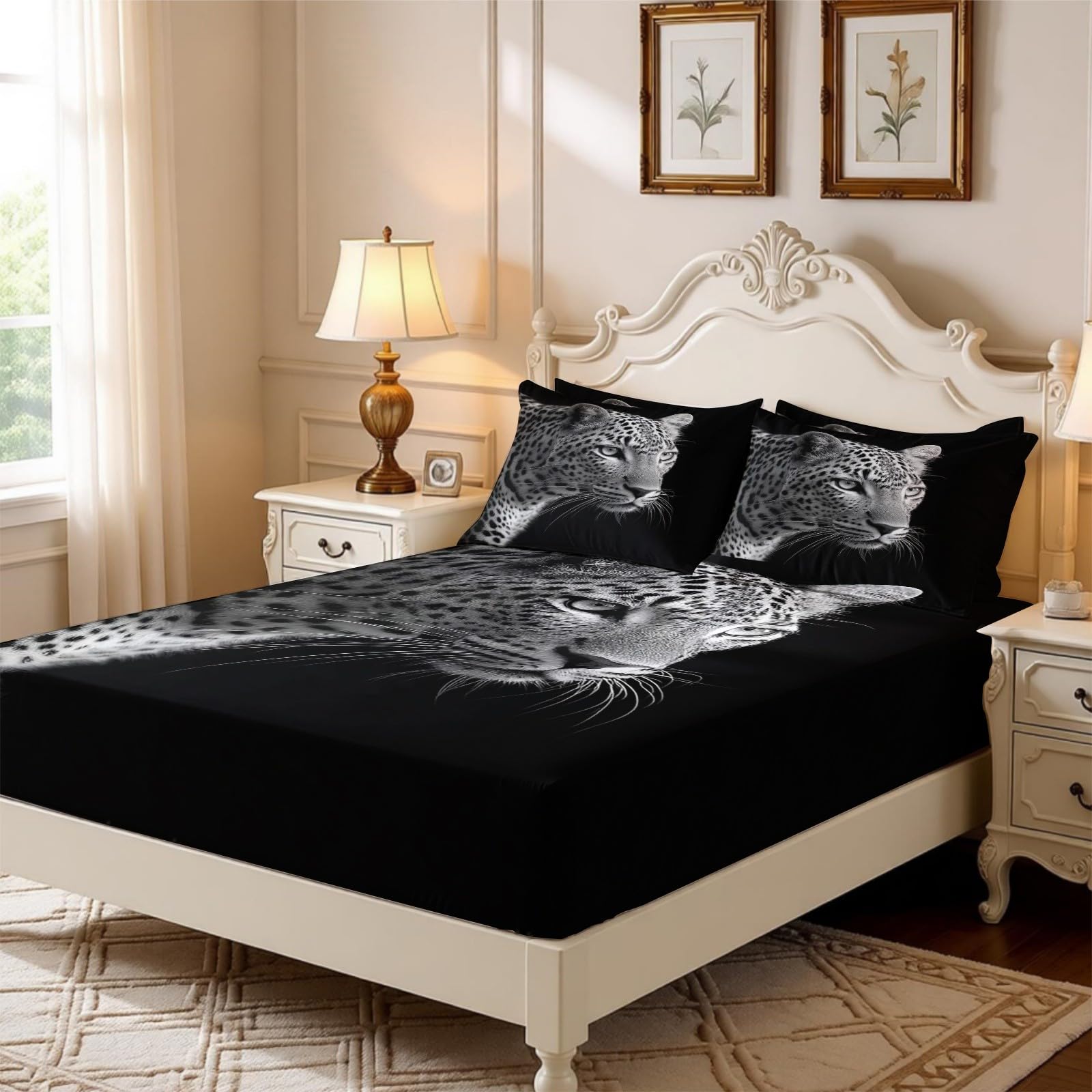 Lenzuolo con Angoli 180 x 200 cm Microfibra leopardo animale Lenzuolo Sotto Elasticizzato Profondo 25 cm nero per Letto Singolo e Matrimoniale