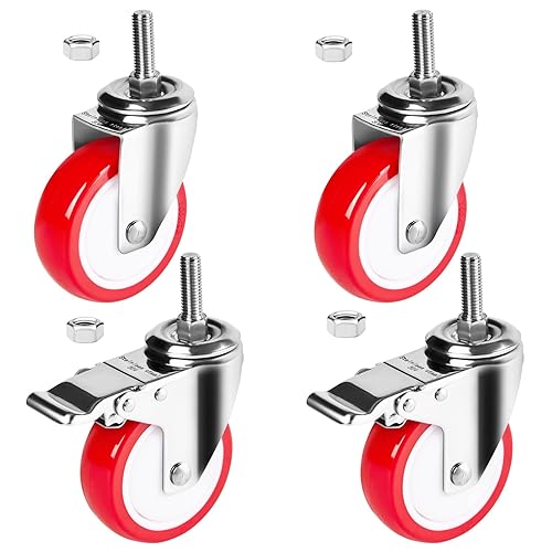 Miniatura 8 de Ruedas giratorias de acero inoxidable de 4 pulgadas para trabajo pesado, ruedas de vástago roscado de 1/2"-13x1-1/2 con freno lateral, resistentes a