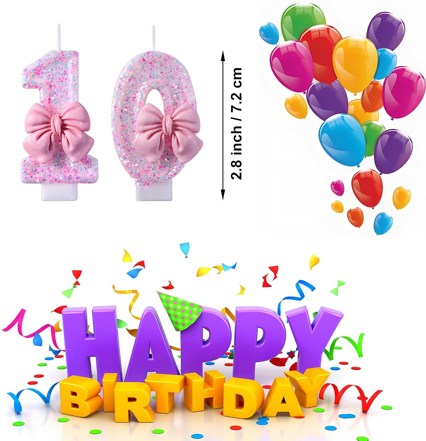 10 Birthday Candle, Smokeless Pink Glitter Number 10 Cake Topper