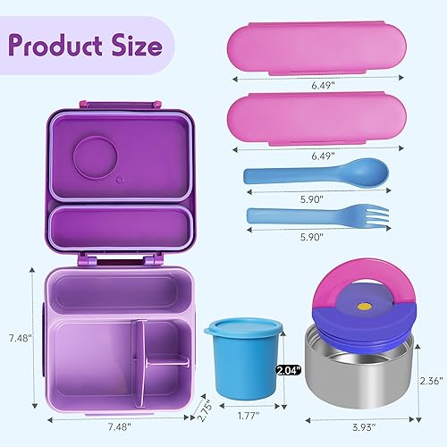 Miniatura 10 de Lonchera Bento para niños  Lonchera aislada con termo de 8 onzas, recipientes de almuerzo a prueba de fugas con 4 compartimentos y 2 zonas de