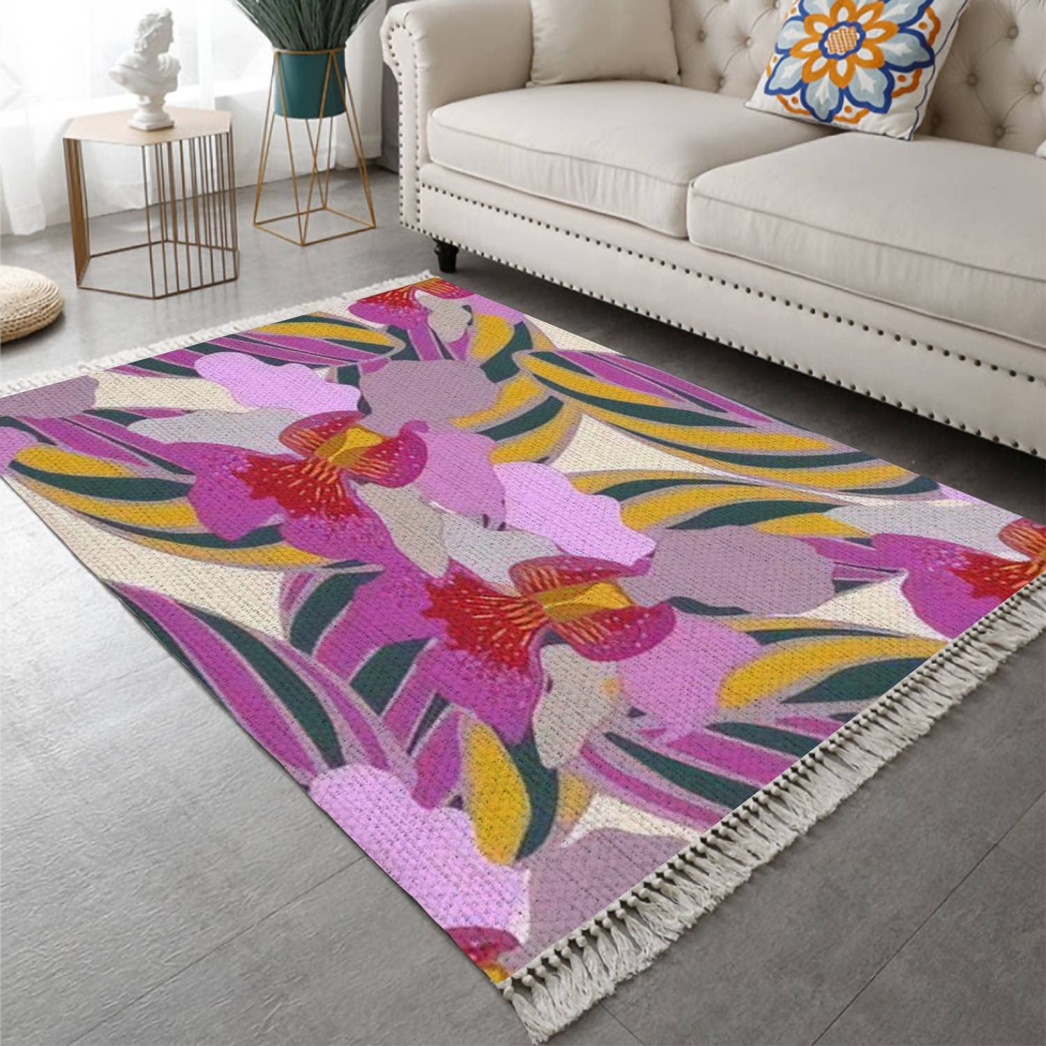 Cotton Linen Area Rug with Tassel Seamless of Striped Colored Leaves and Orchids Vanda Miss Joaquim Washable Throw Rug Woven Carpet Runner Rug Mat for Entryway Laundry Room Bedroom Kitchen 4'x6'