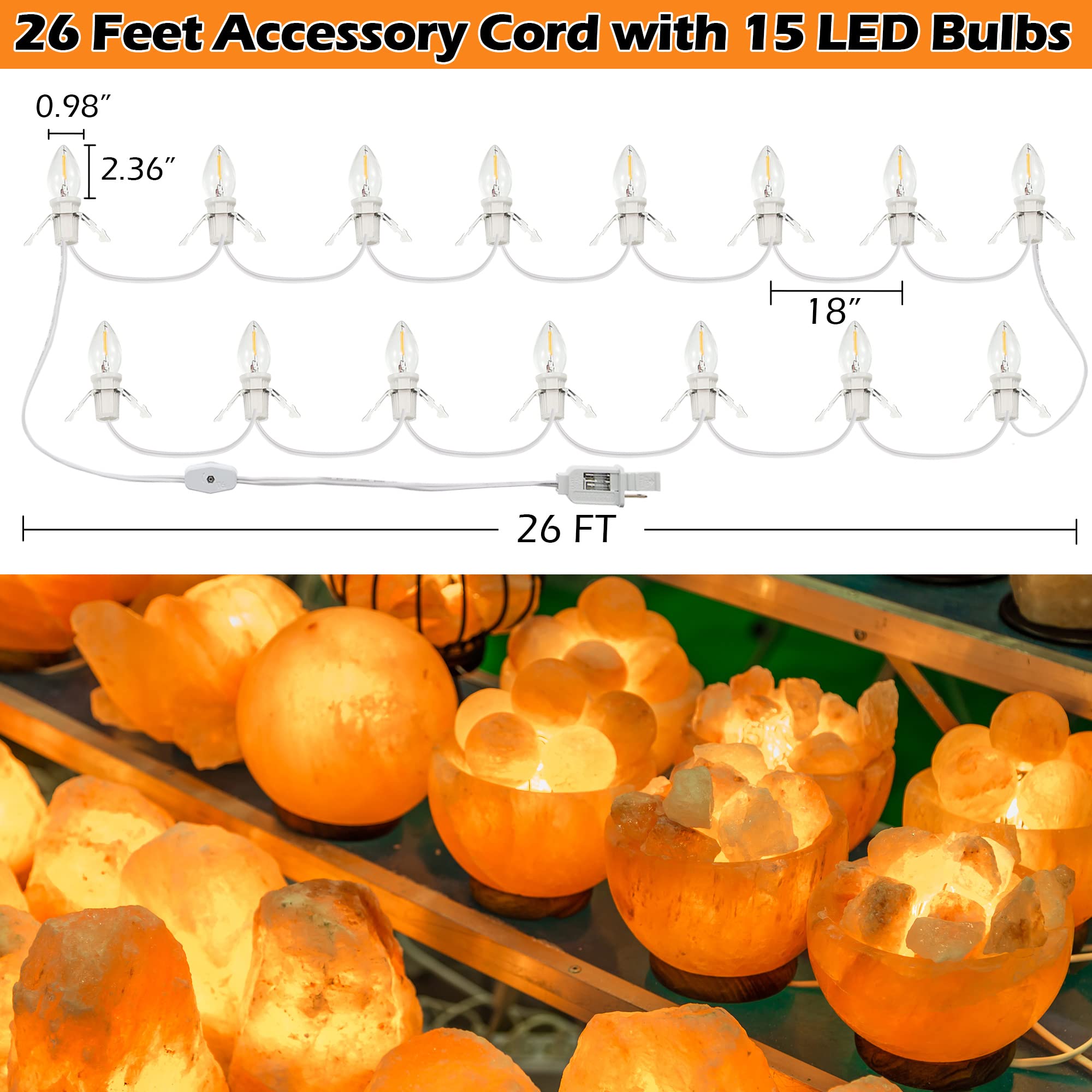 Accessory Cord with LED Light Bulb, C7 Cord Christmas Village Light with Double Spare Fuse, Blow Mold Christmas String Lights Decoration for Xmas Village, Pumpkin Crafts Holiday Decor (15 LED Bulb)