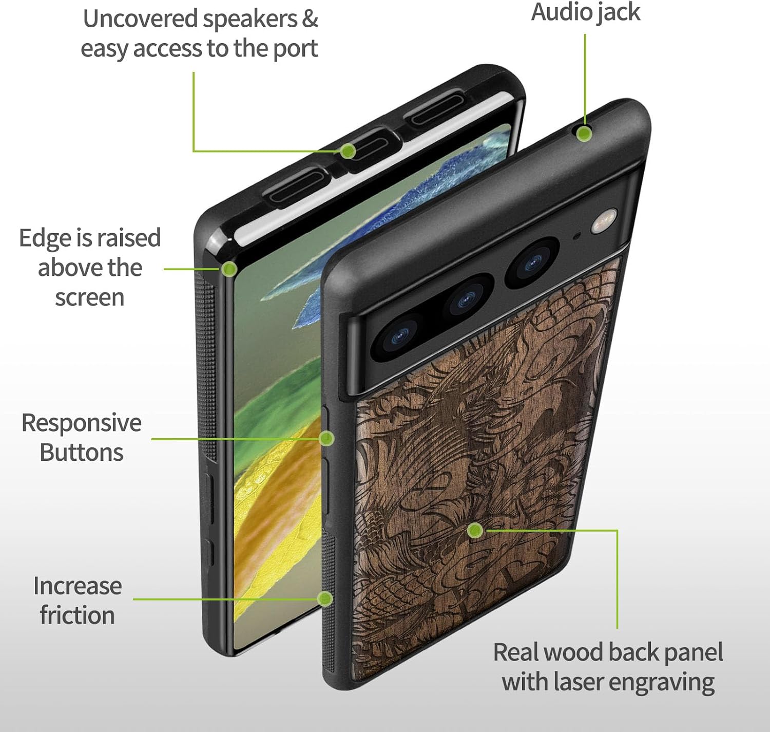 Carveit Wood Case for Pixel 7 Pro Case [Natural Wood & Black Soft TPU] Shockproof Protective Unique Wooden Cover Compatible with Google Pixel 7 Pro (Flowing Harmony-Walnut)