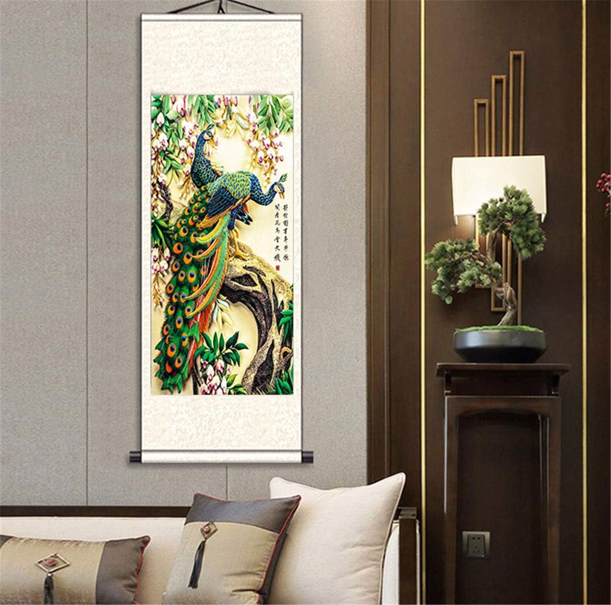 Zzooi Chinese Elegant Art Peafowls Painting Wall Art Hanging Scroll